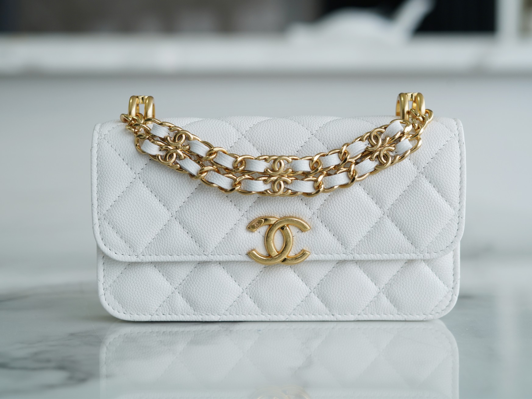 CHANEL 22K Chain Mini WOC Phone Bag White Lizard Grain Calfskin  