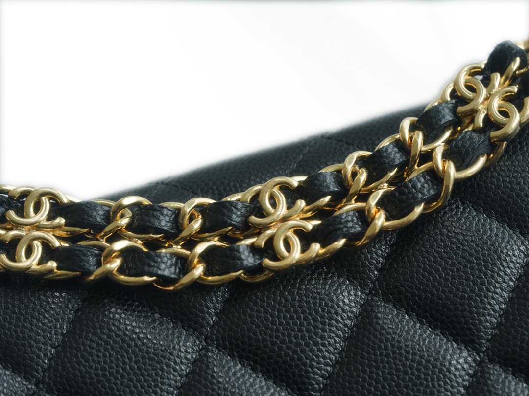 CHANEL 22K New Chain WOC Black & Gold Lizard Grain Calfskin  