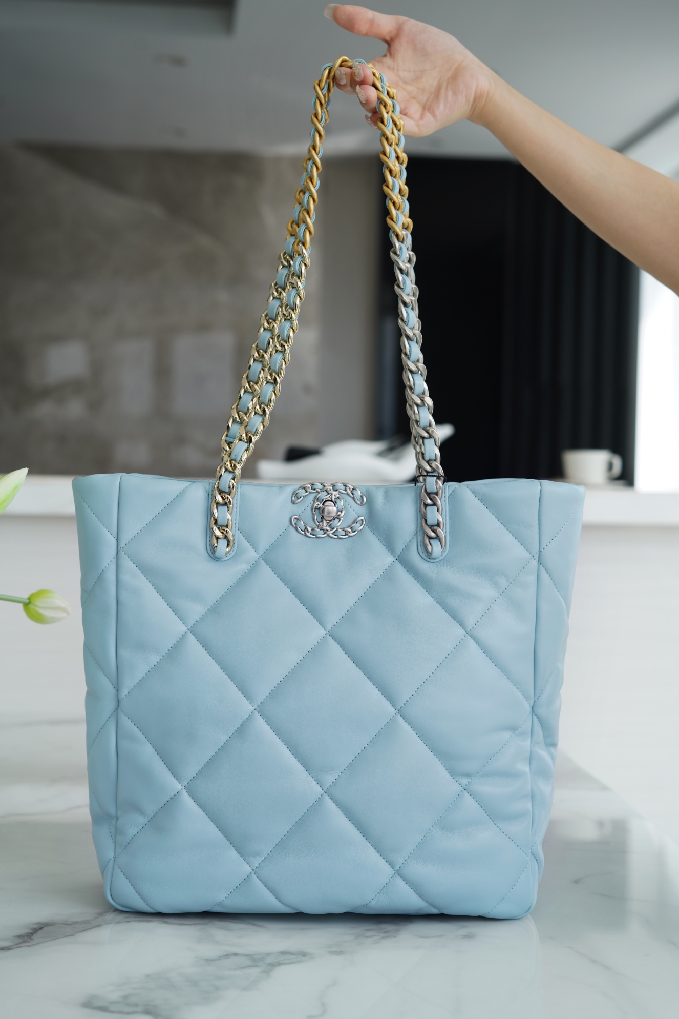 CHANEL 22B 19 BAG Tote Blue Lambskin  