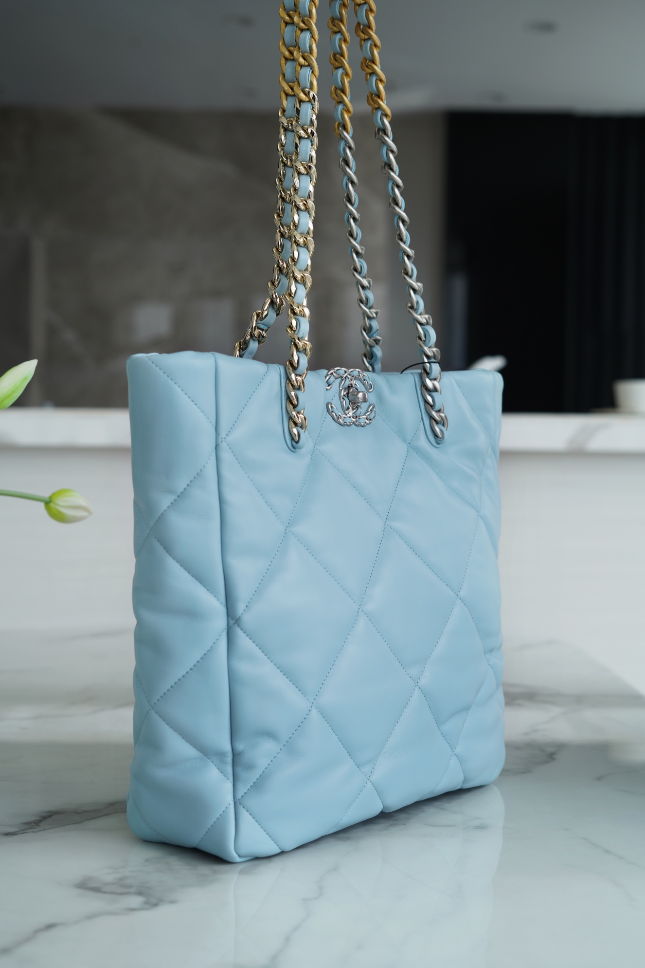 CHANEL 22B 19 BAG Tote Blue Lambskin  