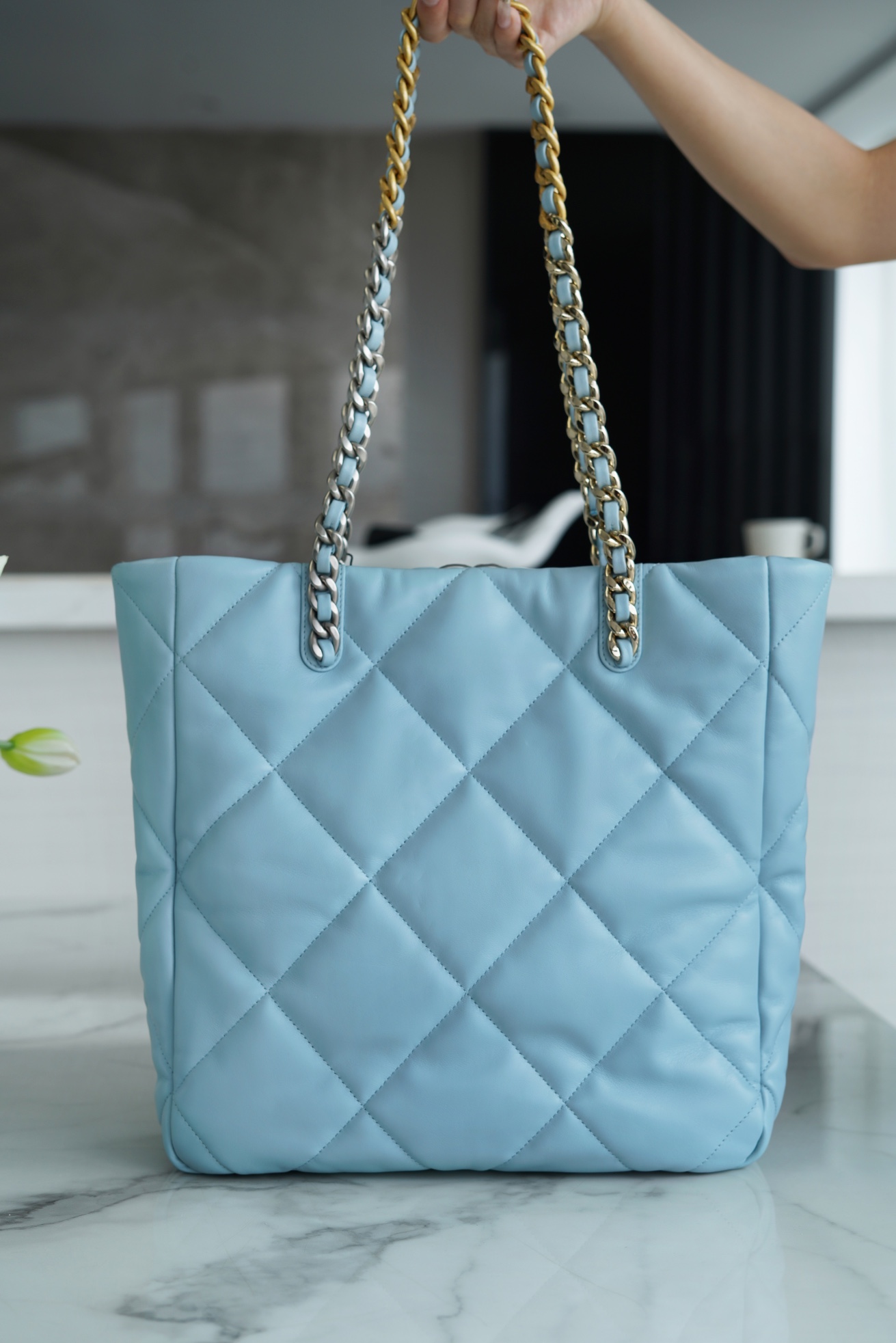 CHANEL 22B 19 BAG Tote Blue Lambskin  