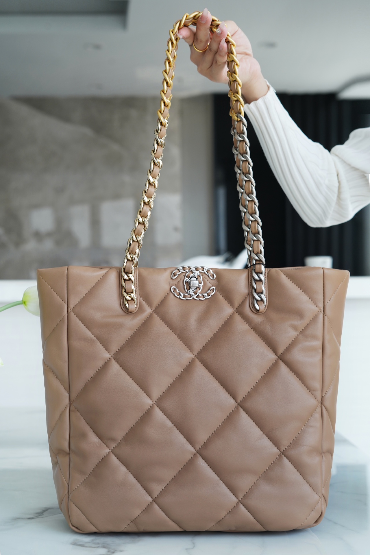 CHANEL 22B 19 BAG Tote Almond Lambskin  