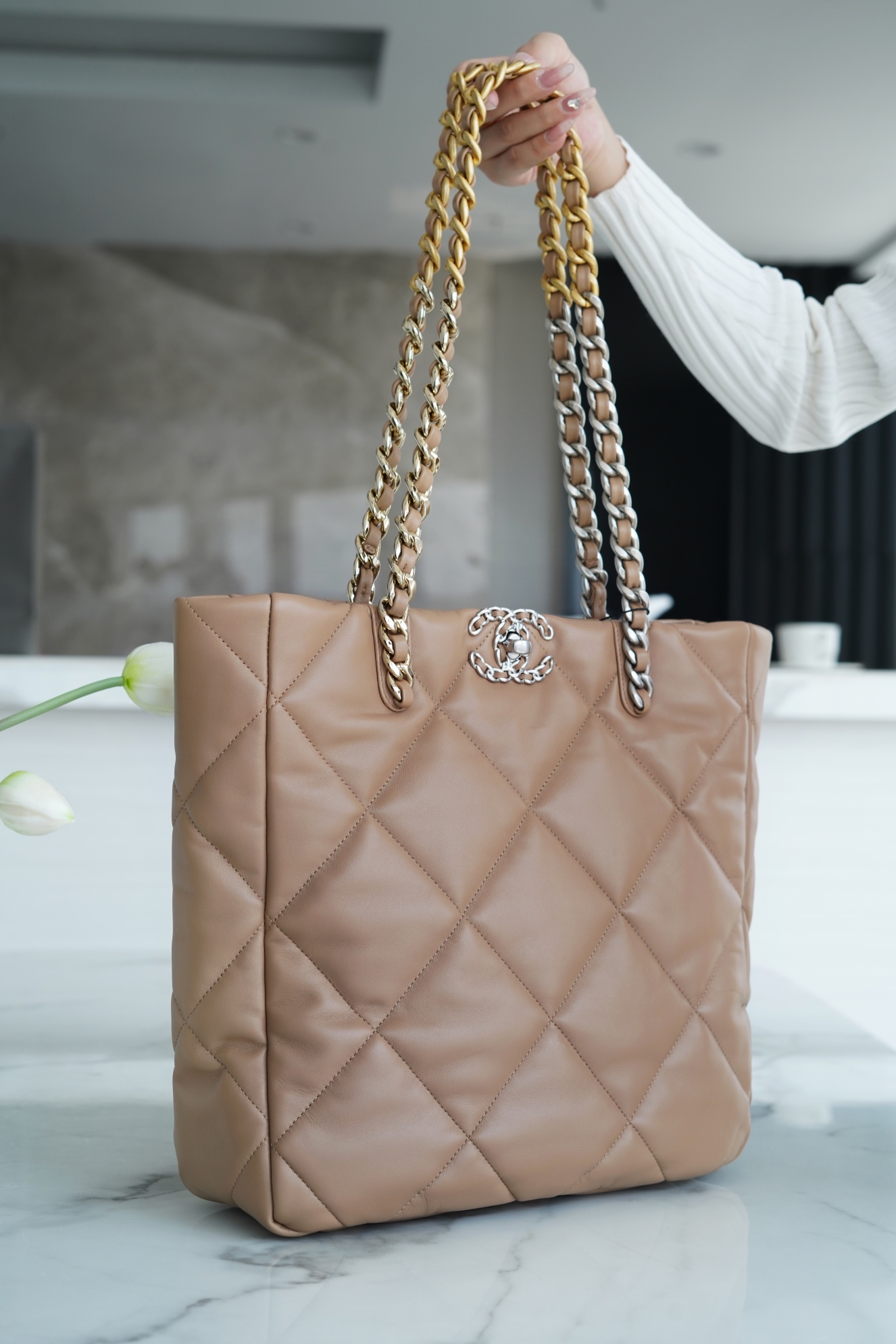 CHANEL 22B 19 BAG Tote Almond Lambskin  