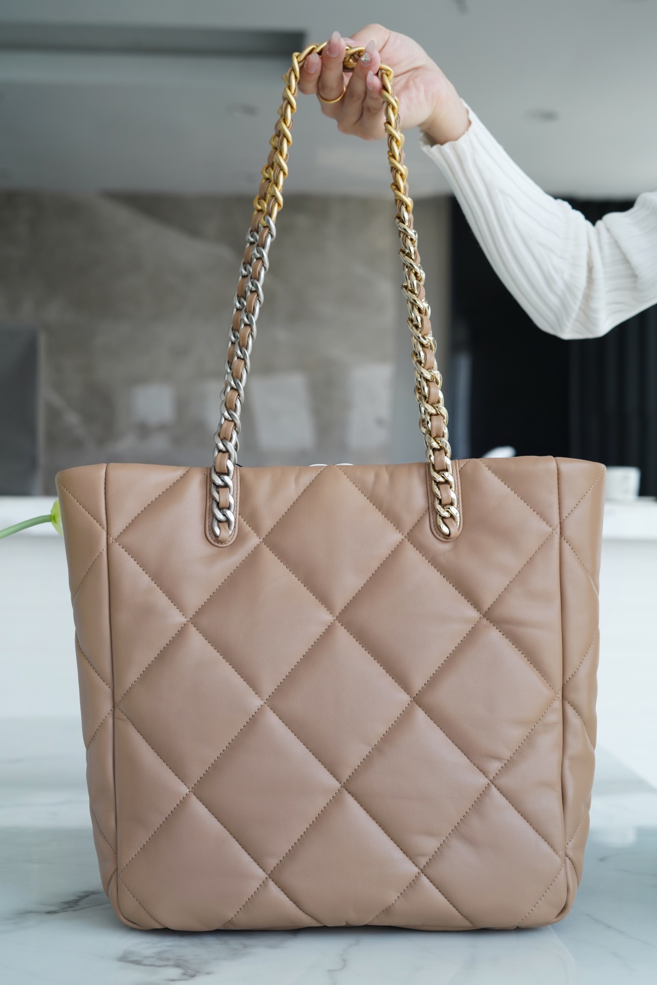 CHANEL 22B 19 BAG Tote Almond Lambskin  