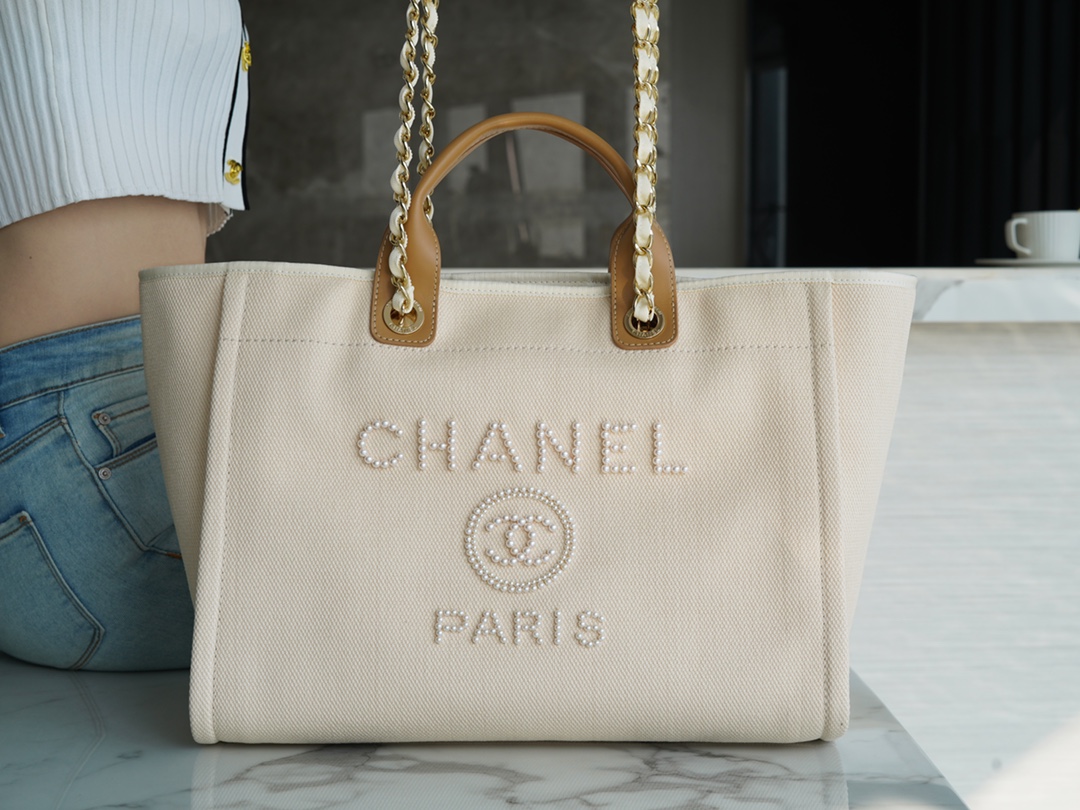 CHANEL Ultra-Fairy Pearl Embroidery Beach Bag Almond  