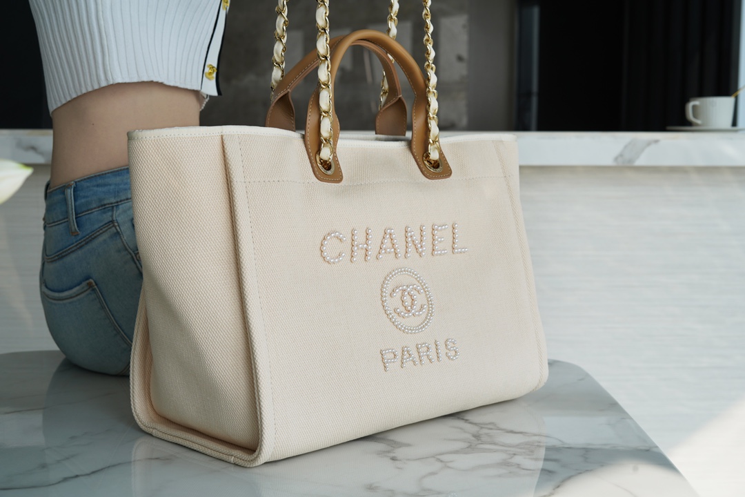 CHANEL Ultra-Fairy Pearl Embroidery Beach Bag Almond  