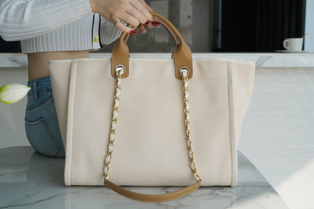 CHANEL Ultra-Fairy Pearl Embroidery Beach Bag Almond  