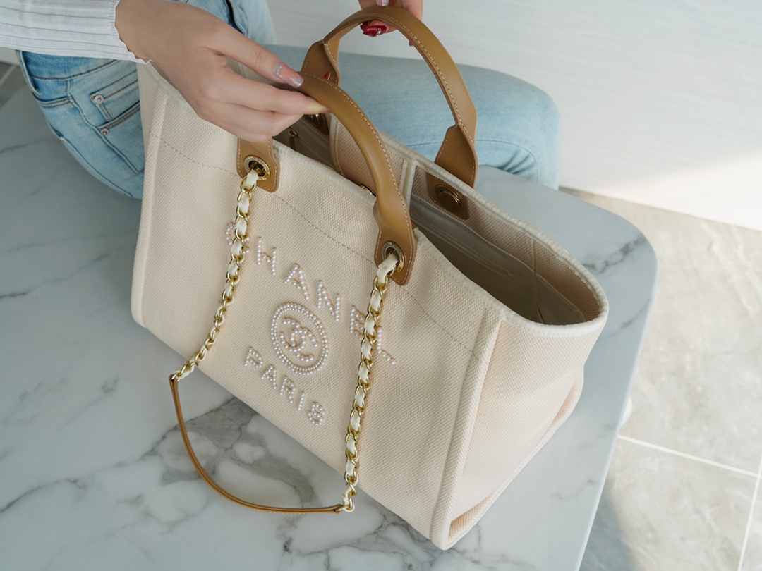 CHANEL Ultra-Fairy Pearl Embroidery Beach Bag Almond  