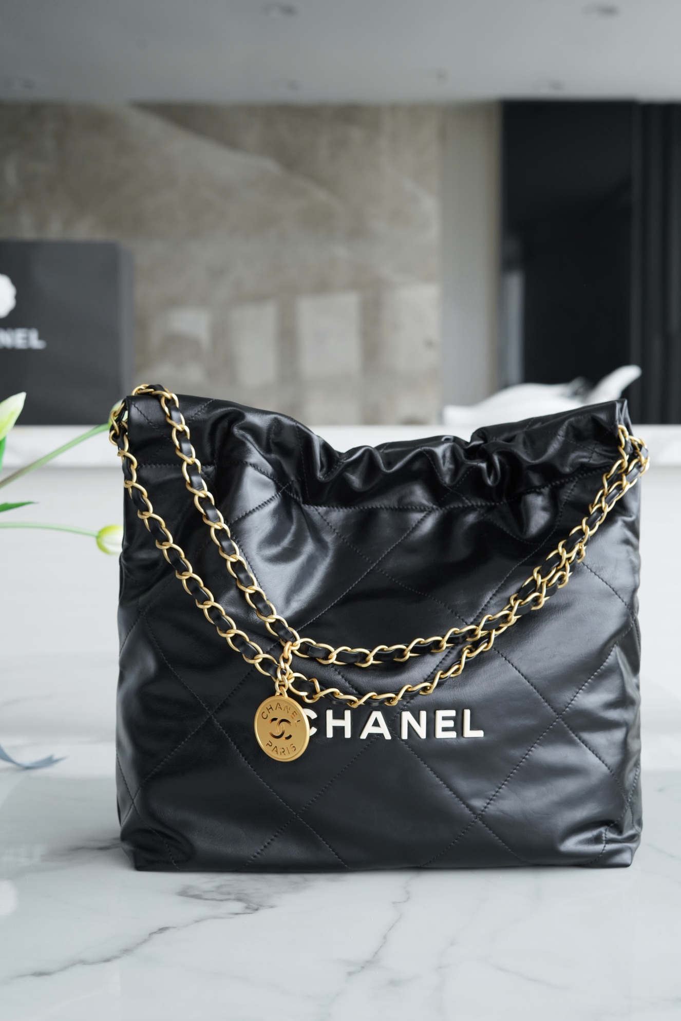 CHANEL 22P Handbag Small Black with White Buckle  