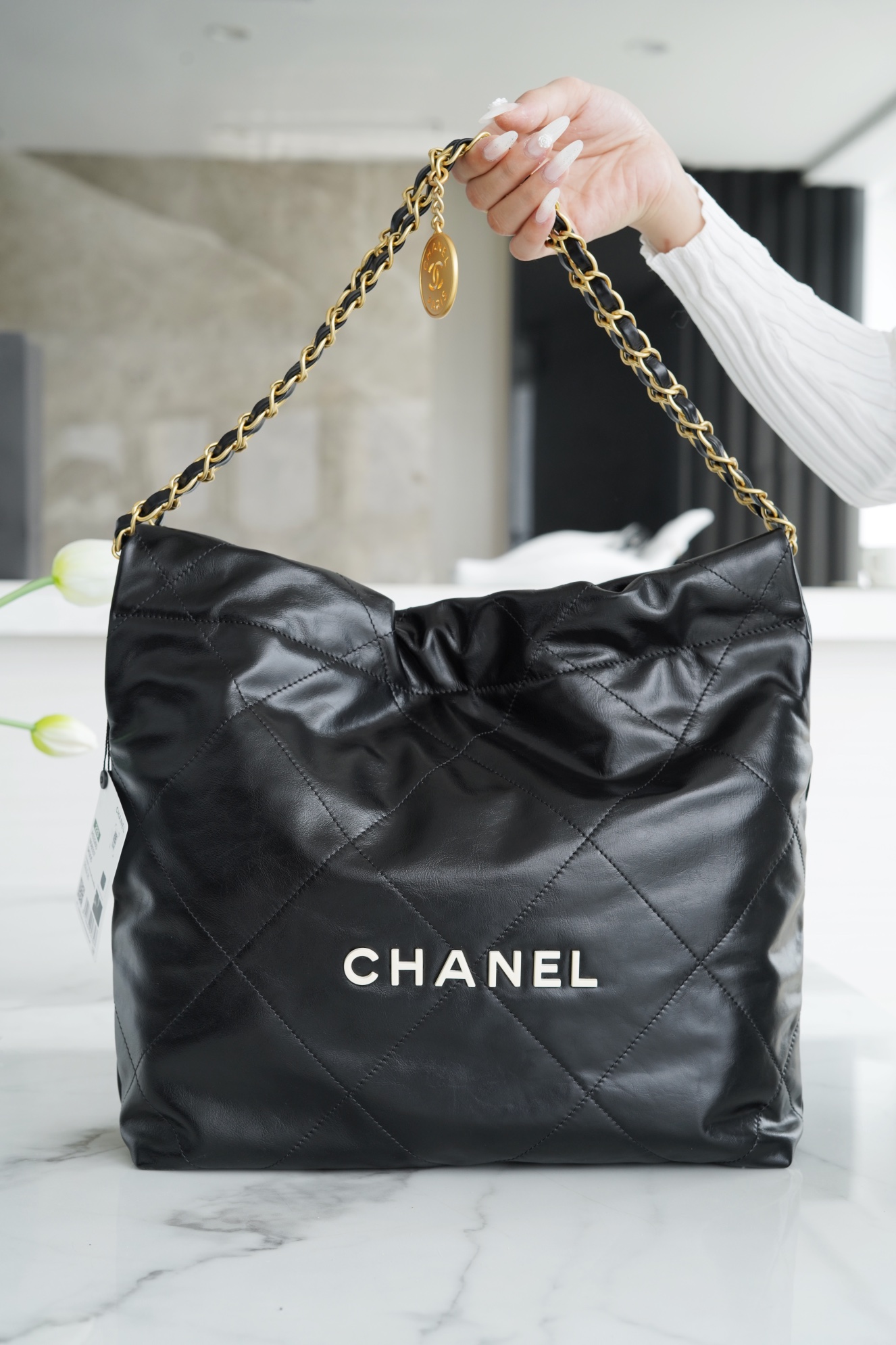 CHANEL 22P Handbag Small Black with White Buckle  