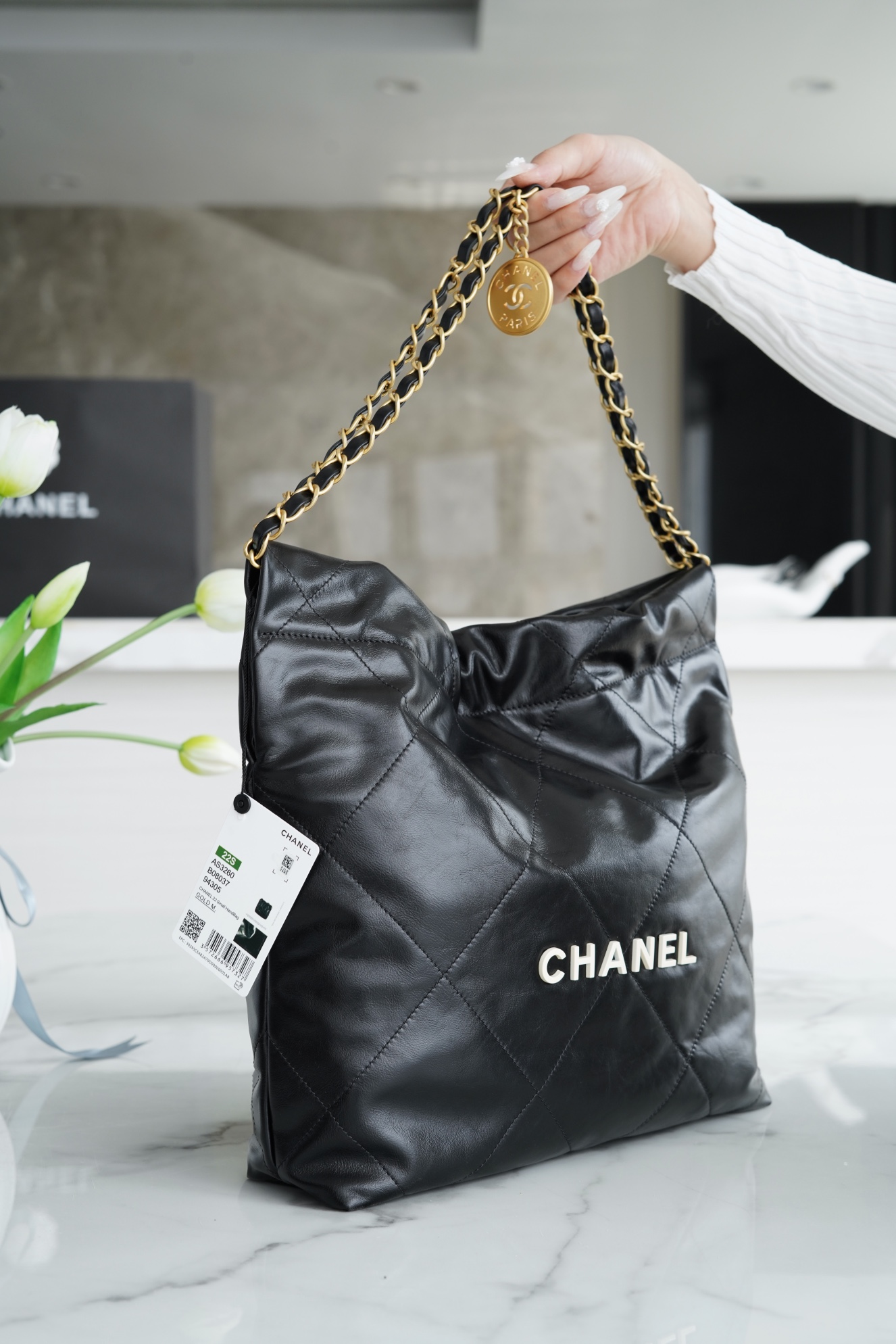 CHANEL 22P Handbag Small Black with White Buckle  