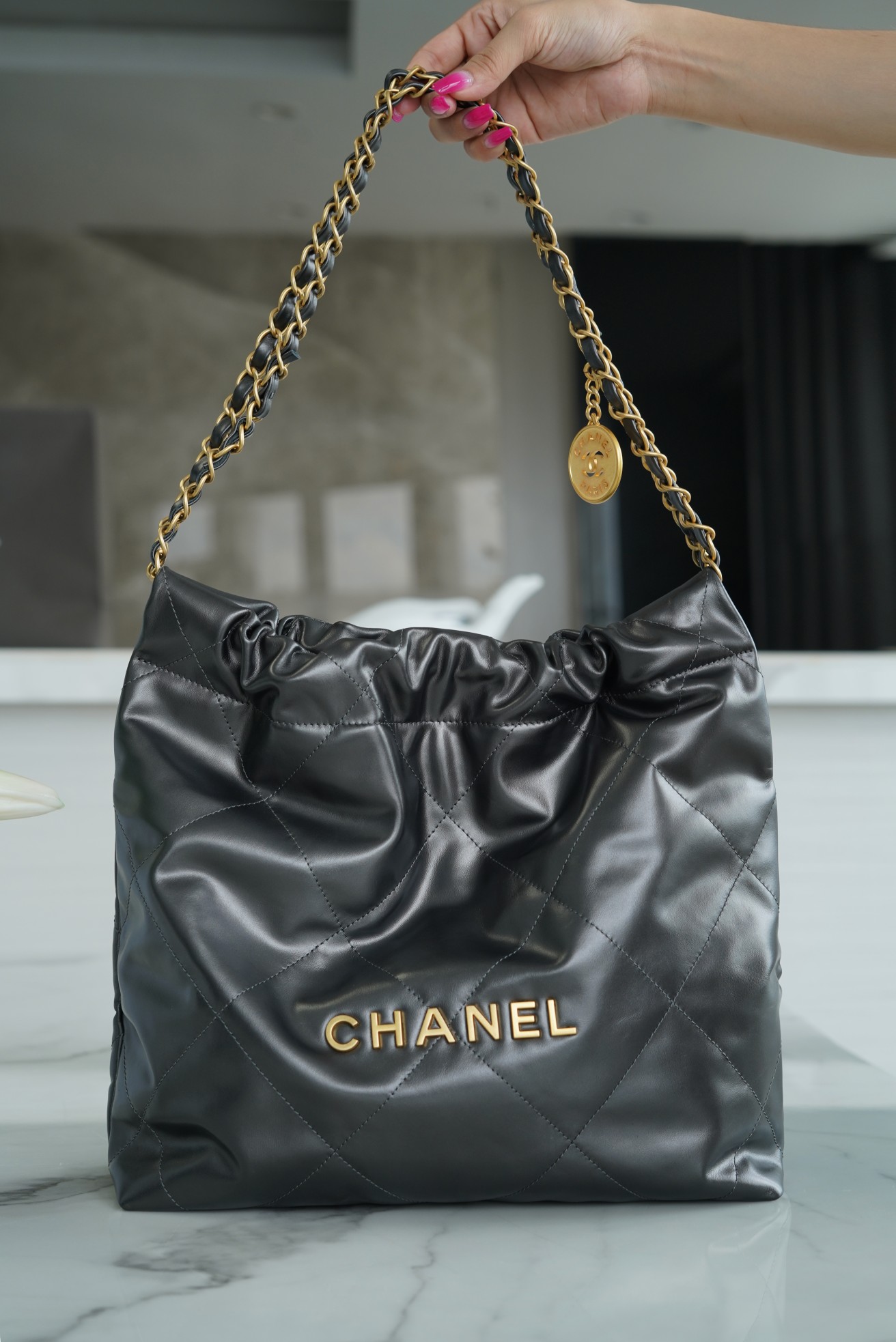 CHANEL 22P Handbag Small Metallic Gray  