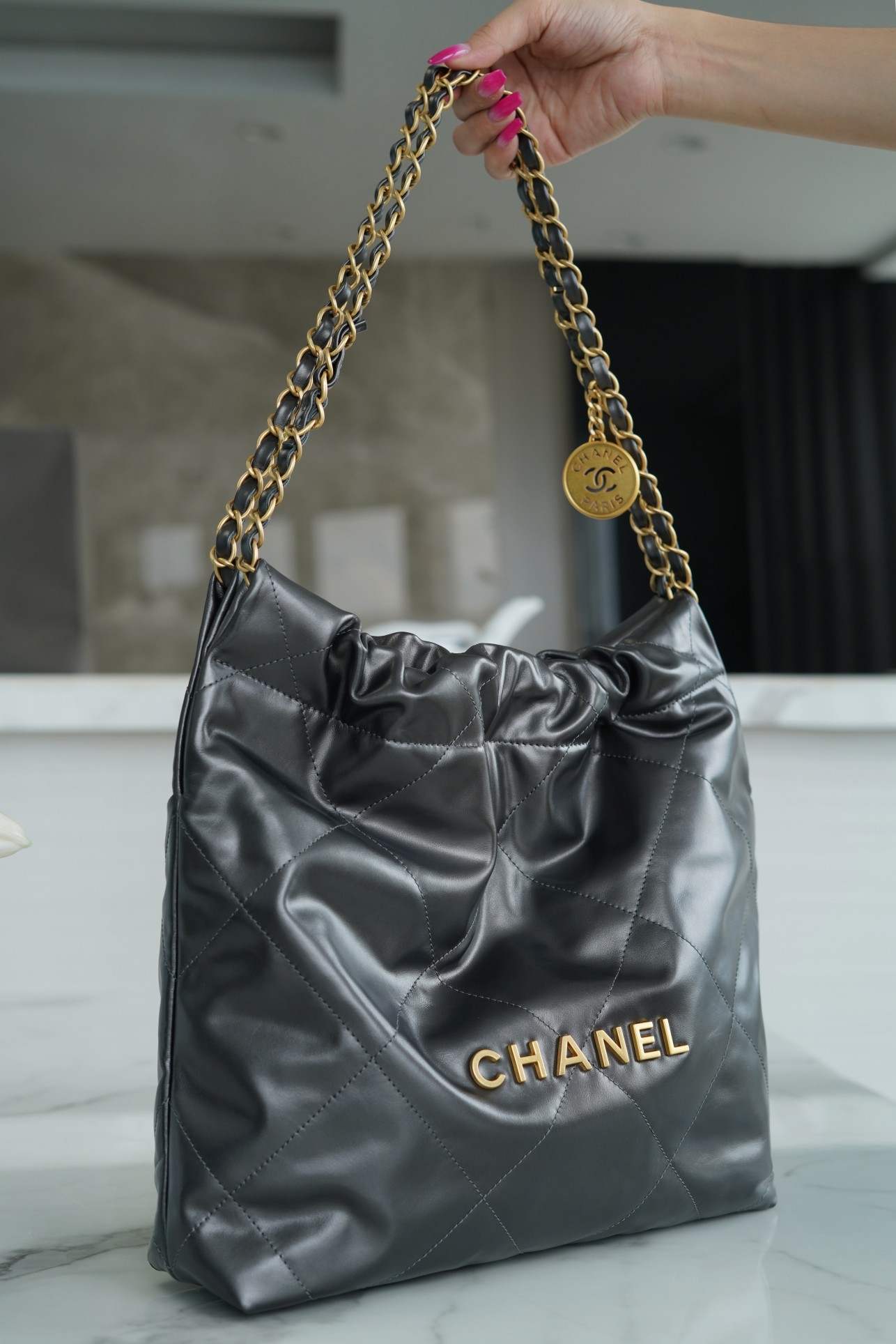 CHANEL 22P Handbag Small Metallic Gray  