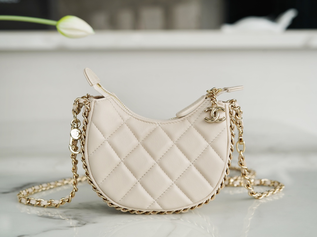 CHANEL 23P Moon Crescent Bag Small Light Almond Lambskin  