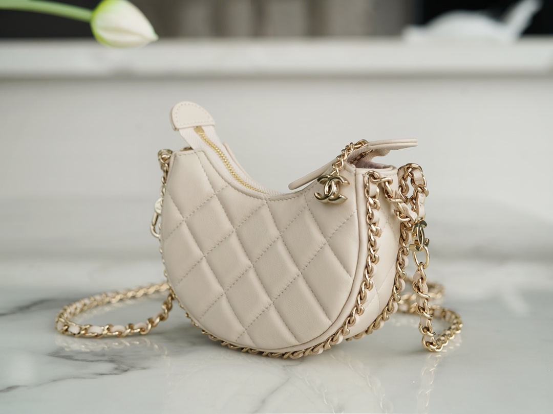 CHANEL 23P Moon Crescent Bag Small Light Almond Lambskin  