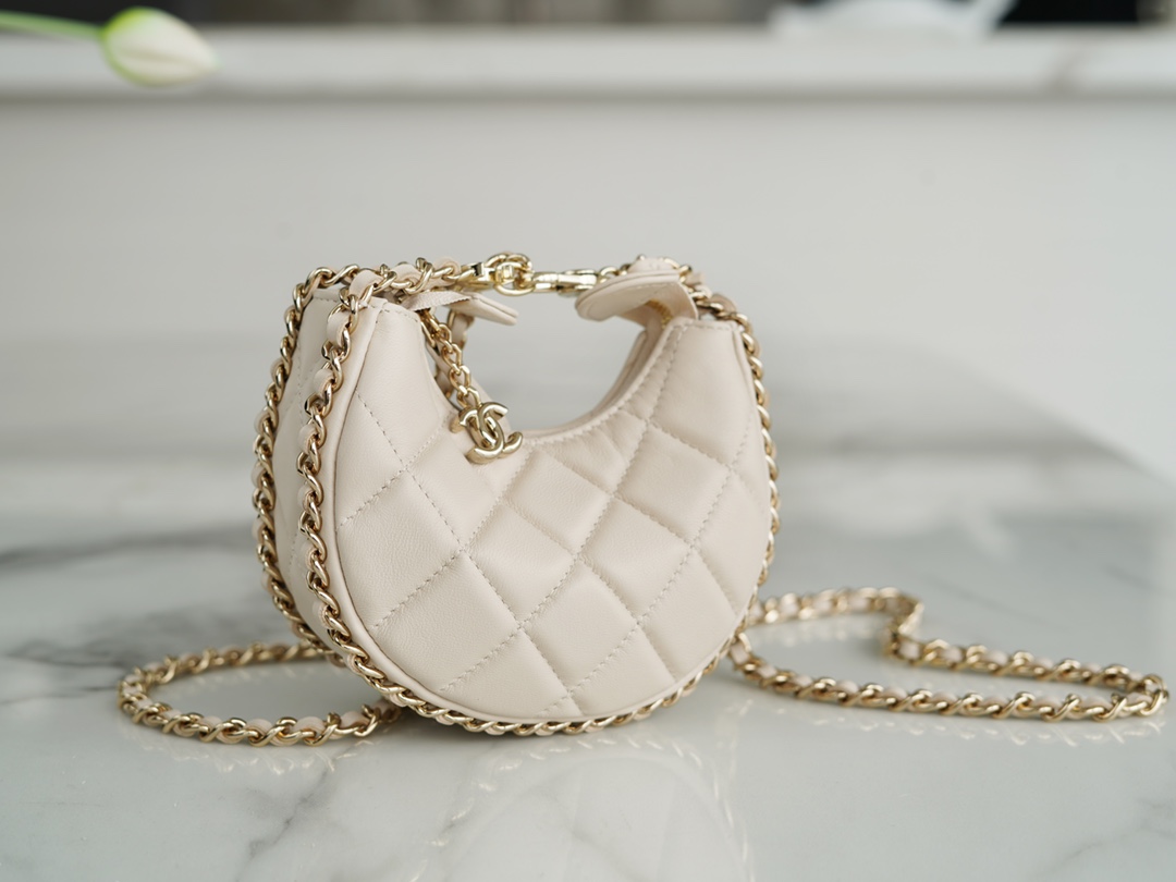 CHANEL 23P Moon Crescent Bag Small Light Almond Lambskin  