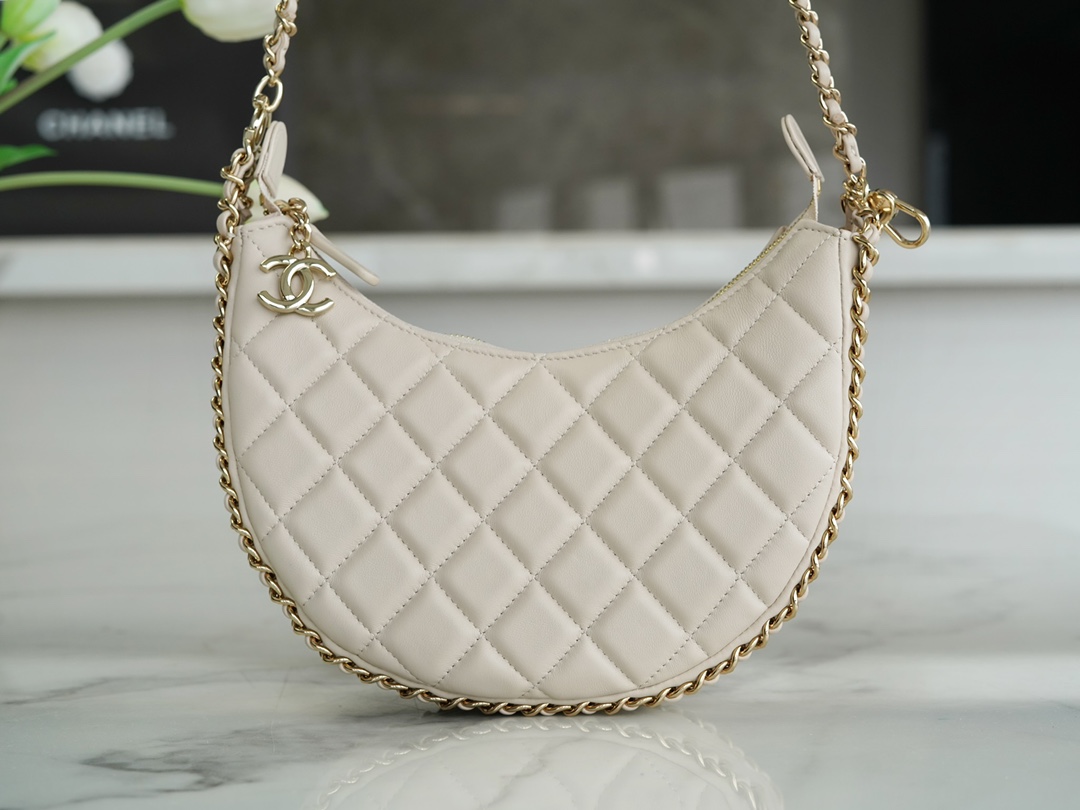 CHANEL 23P Moon Crescent Bag Large Milk Almond Lambskin with Light Gold Accents  