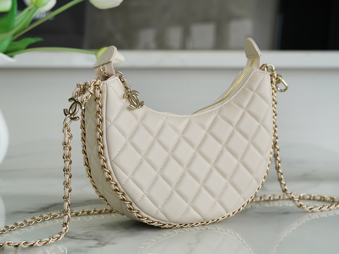 CHANEL 23P Moon Crescent Bag Large Milk Almond Lambskin with Light Gold Accents  