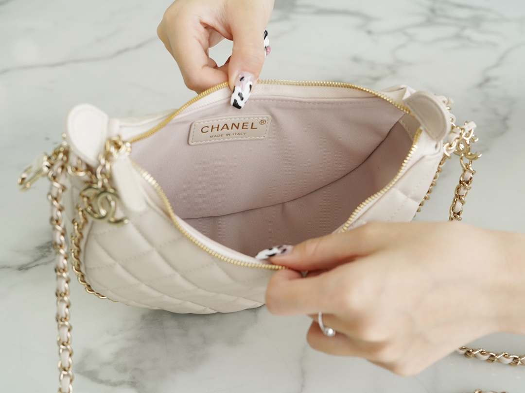 CHANEL 23P Moon Crescent Bag Large Milk Almond Lambskin with Light Gold Accents  