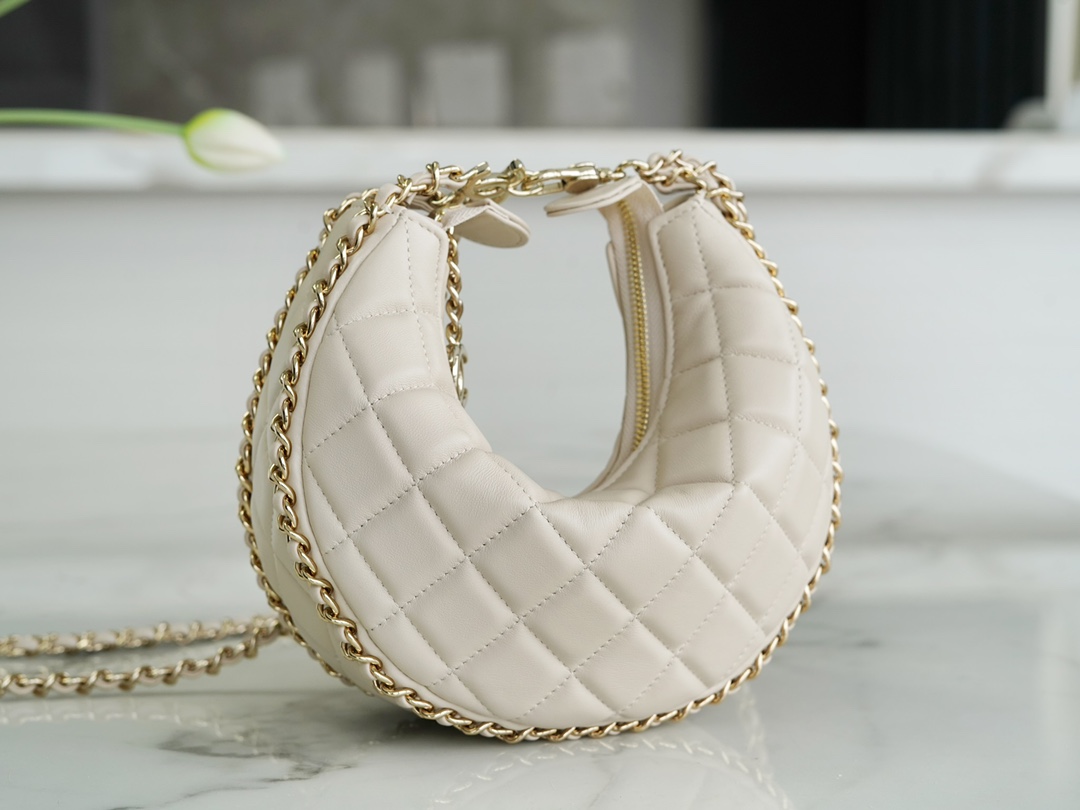 CHANEL 23P Moon Crescent Bag Large Milk Almond Lambskin with Light Gold Accents  