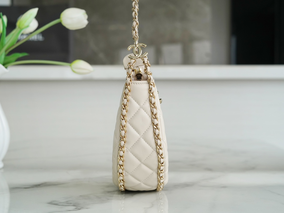 CHANEL 23P Moon Crescent Bag Large Milk Almond Lambskin with Light Gold Accents  