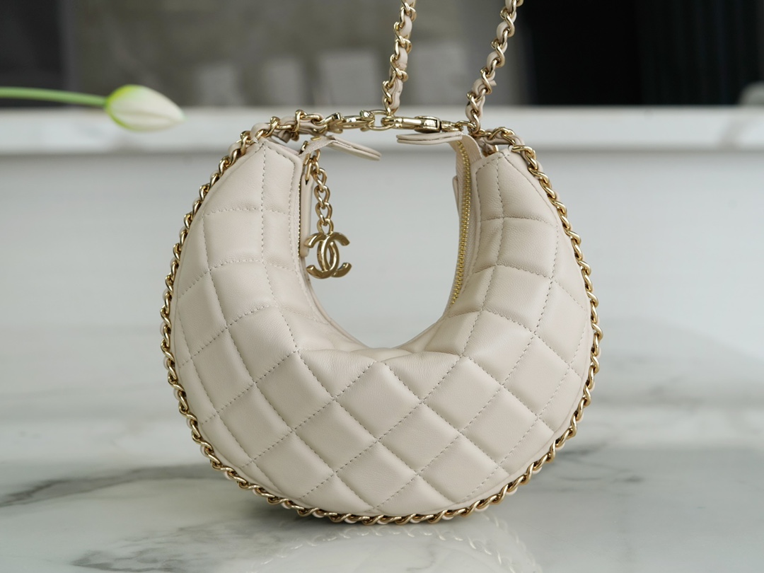 CHANEL 23P Moon Crescent Bag Large Milk Almond Lambskin with Light Gold Accents  