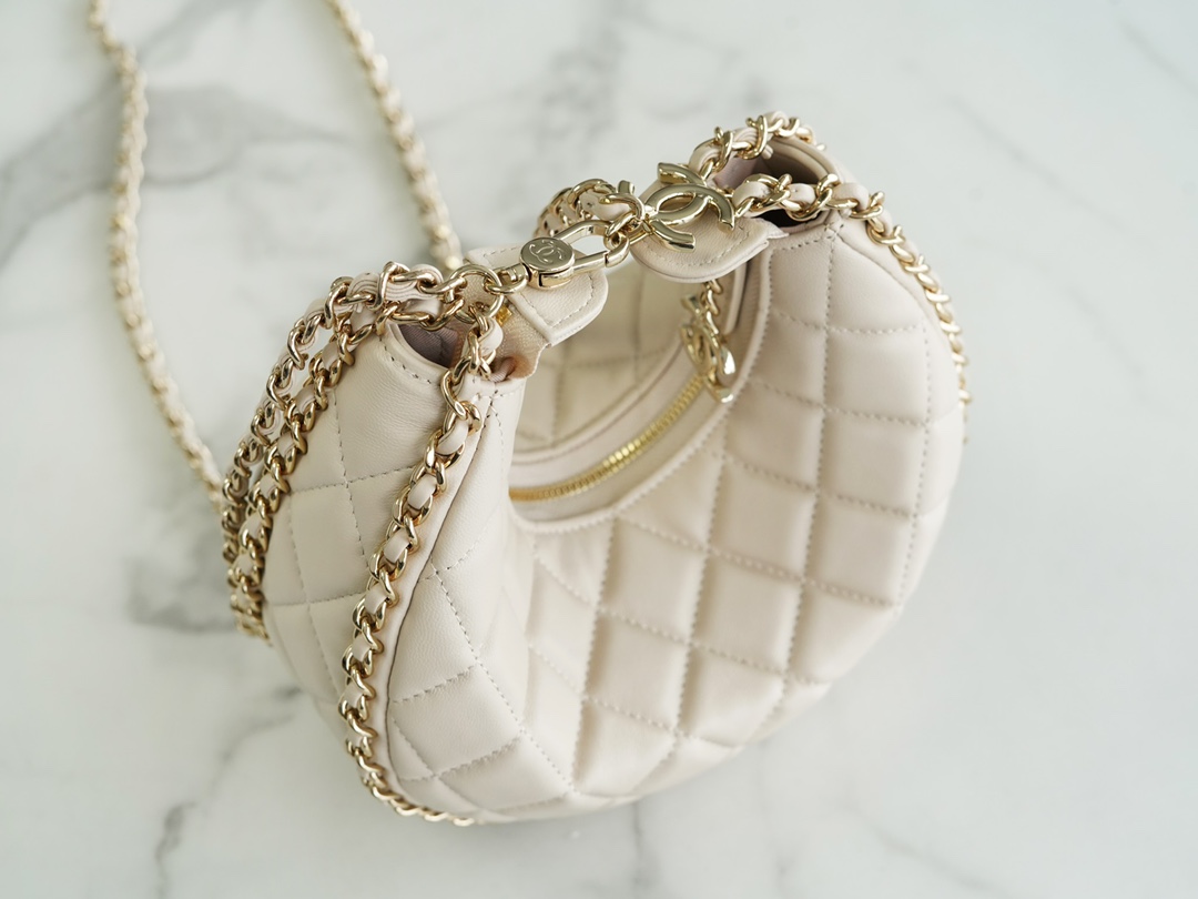 CHANEL 23P Moon Crescent Bag Large Milk Almond Lambskin with Light Gold Accents  