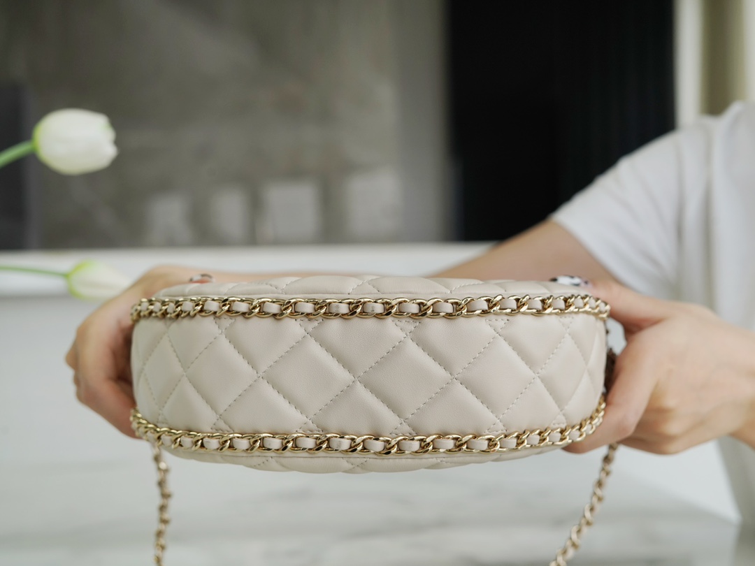 CHANEL 23P Moon Crescent Bag Large Milk Almond Lambskin with Light Gold Accents  