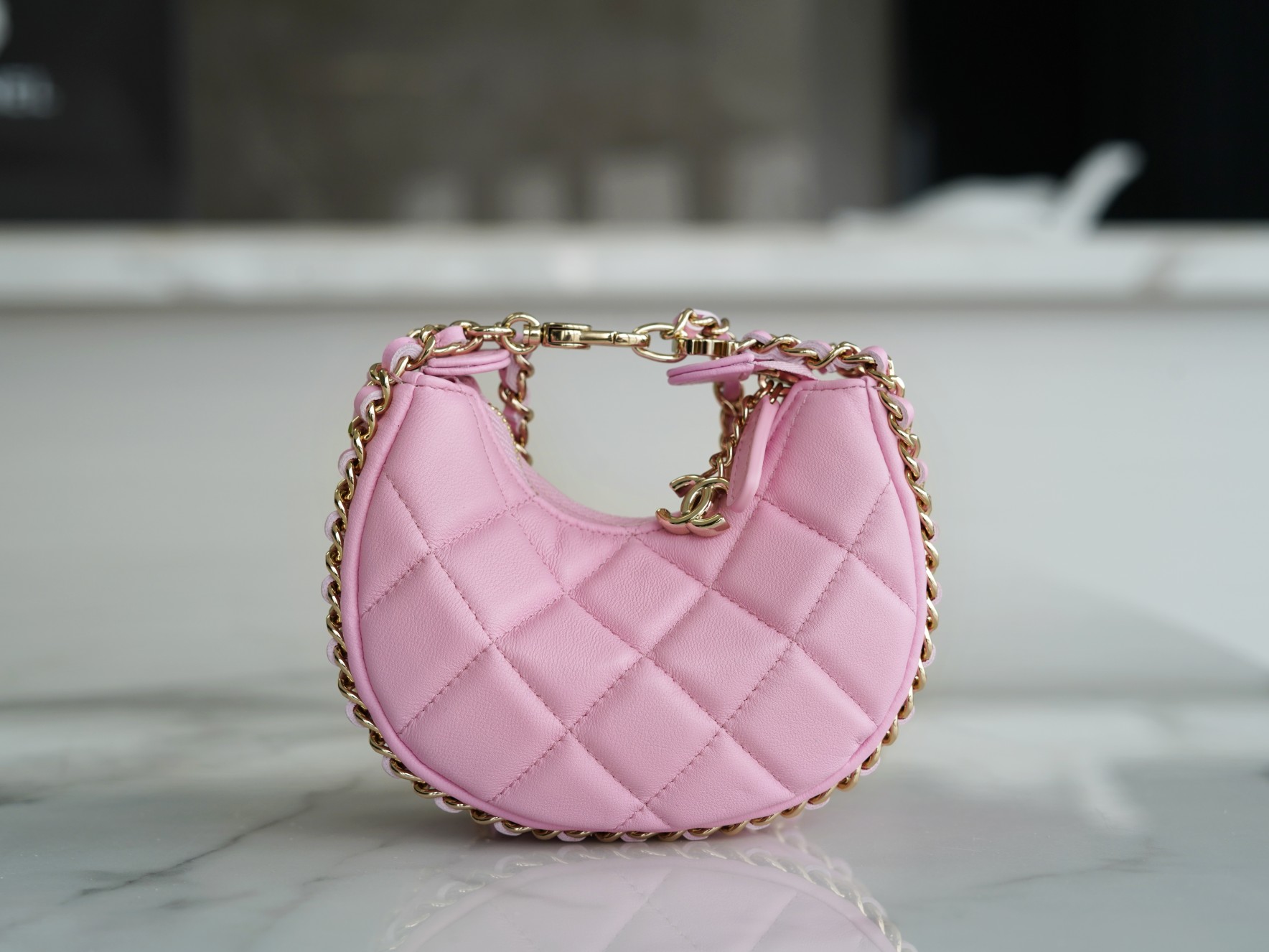 CHANEL 23P Moon Crescent Bag Small Pink Lambskin  