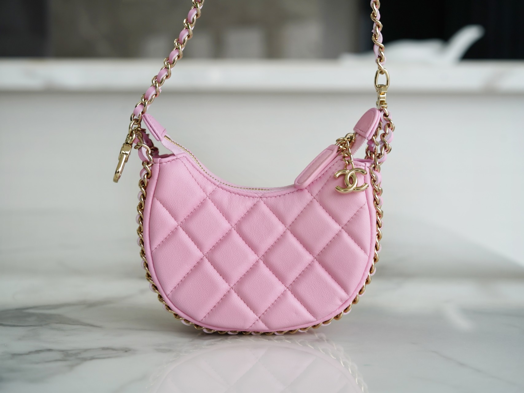 CHANEL 23P Moon Crescent Bag Small Pink Lambskin  