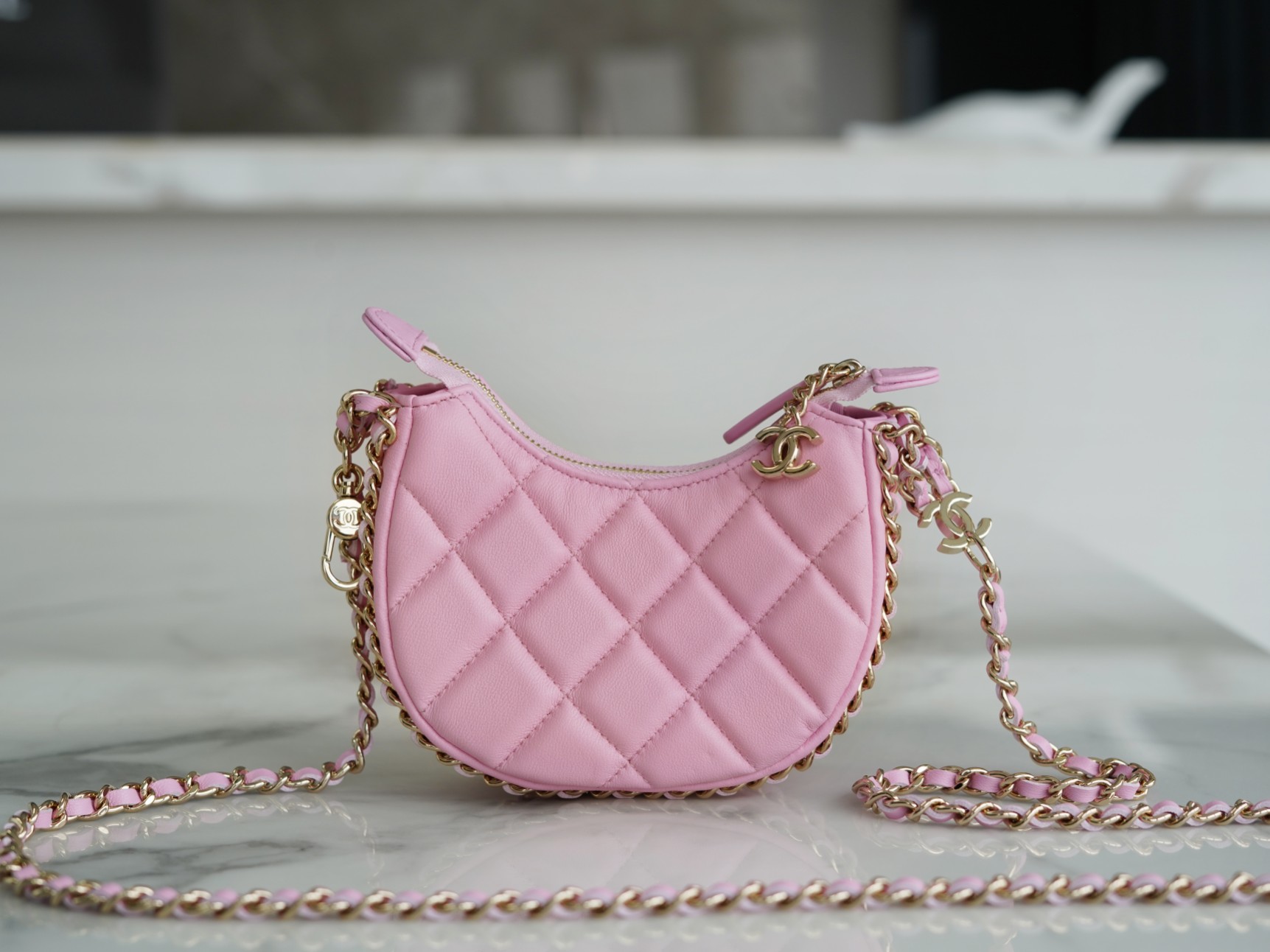 CHANEL 23P Moon Crescent Bag Small Pink Lambskin  