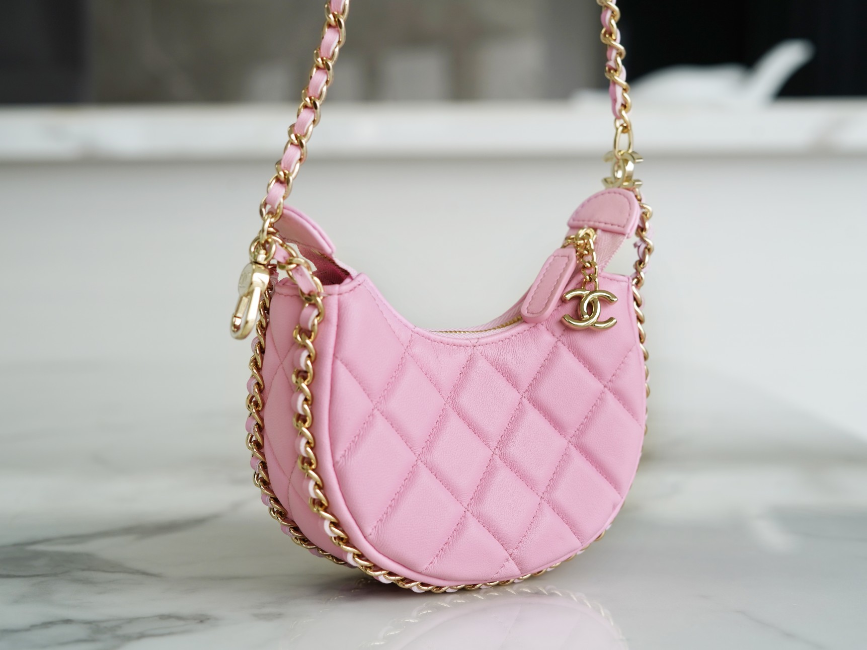 CHANEL 23P Moon Crescent Bag Small Pink Lambskin  