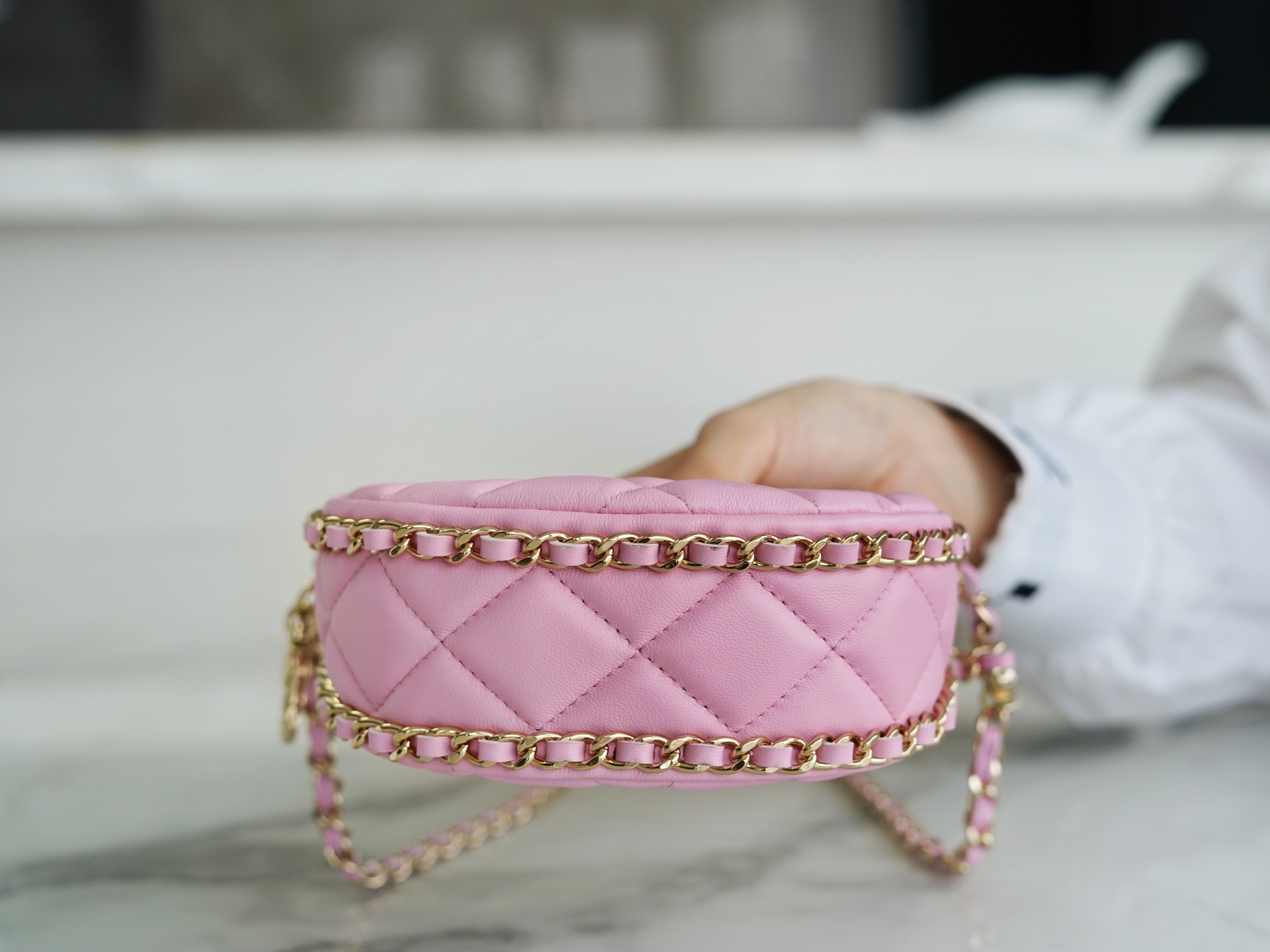 CHANEL 23P Moon Crescent Bag Small Pink Lambskin  