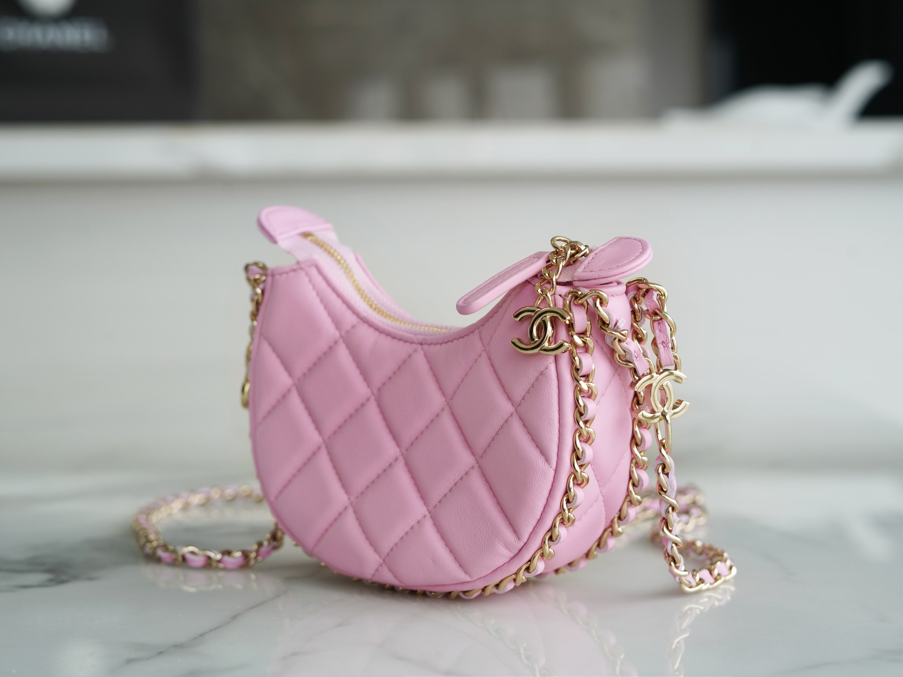 CHANEL 23P Moon Crescent Bag Small Pink Lambskin  