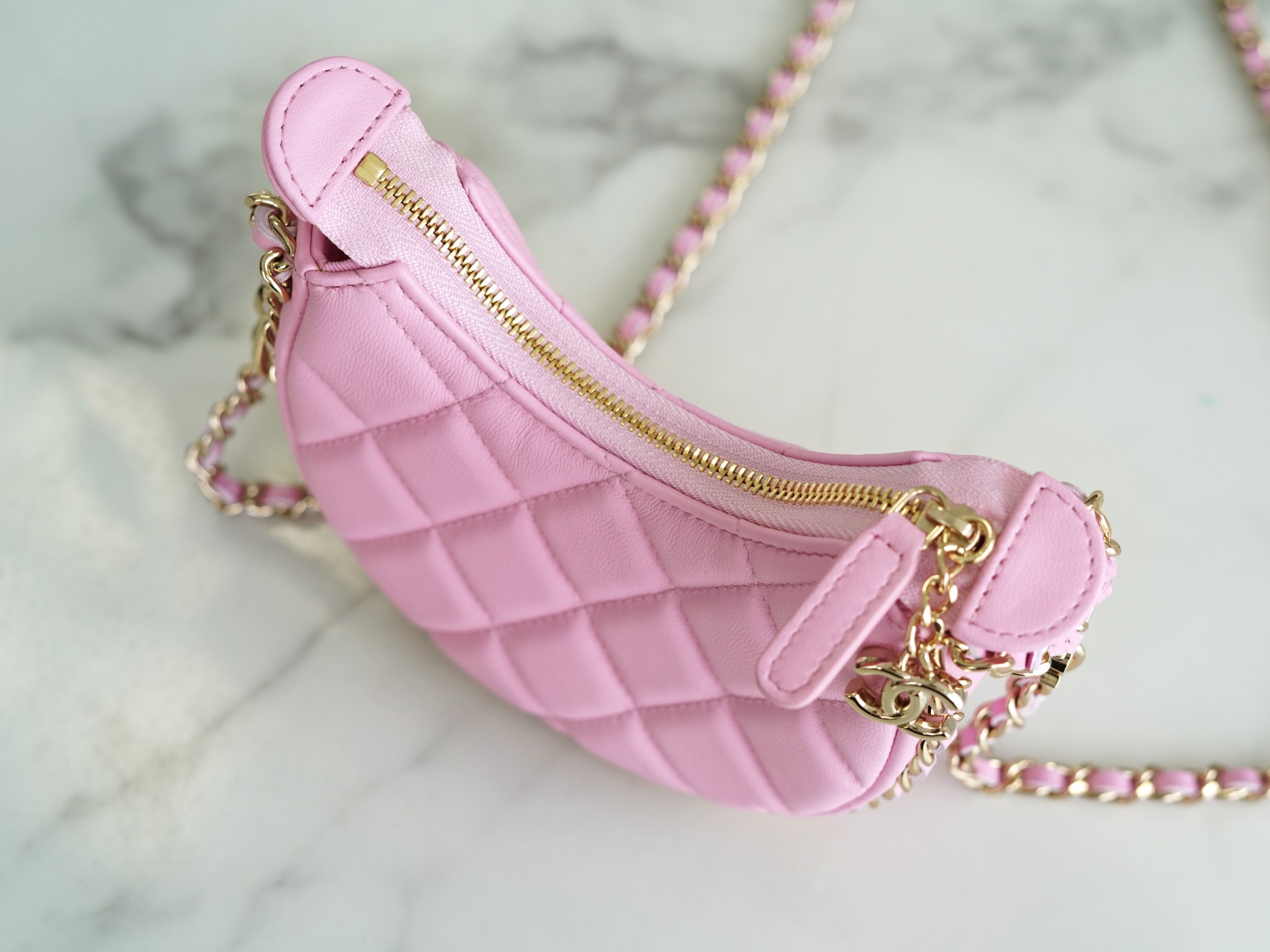 CHANEL 23P Moon Crescent Bag Small Pink Lambskin  