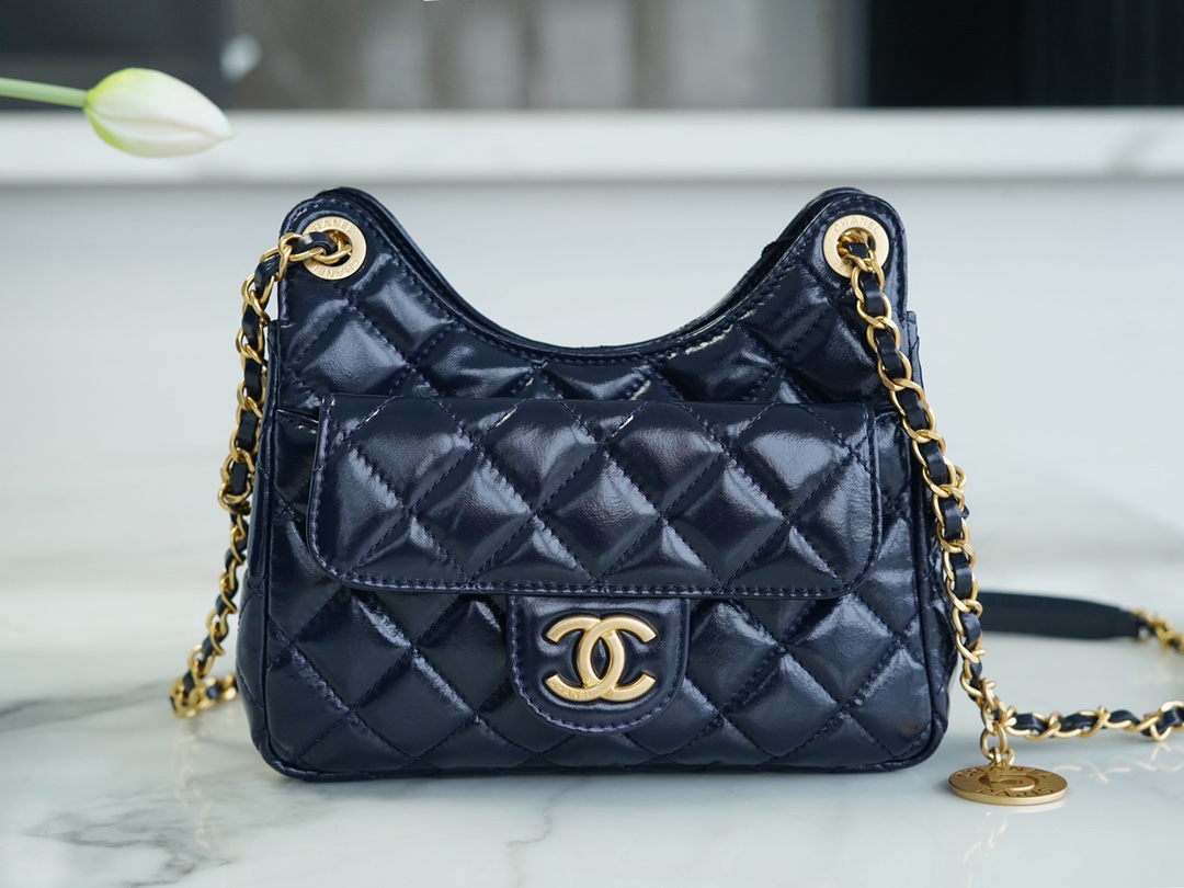 CHANEL 23C Early Spring Resort Collection Flap Bag Deep Blue Glossy Wrinkled Calfskin  