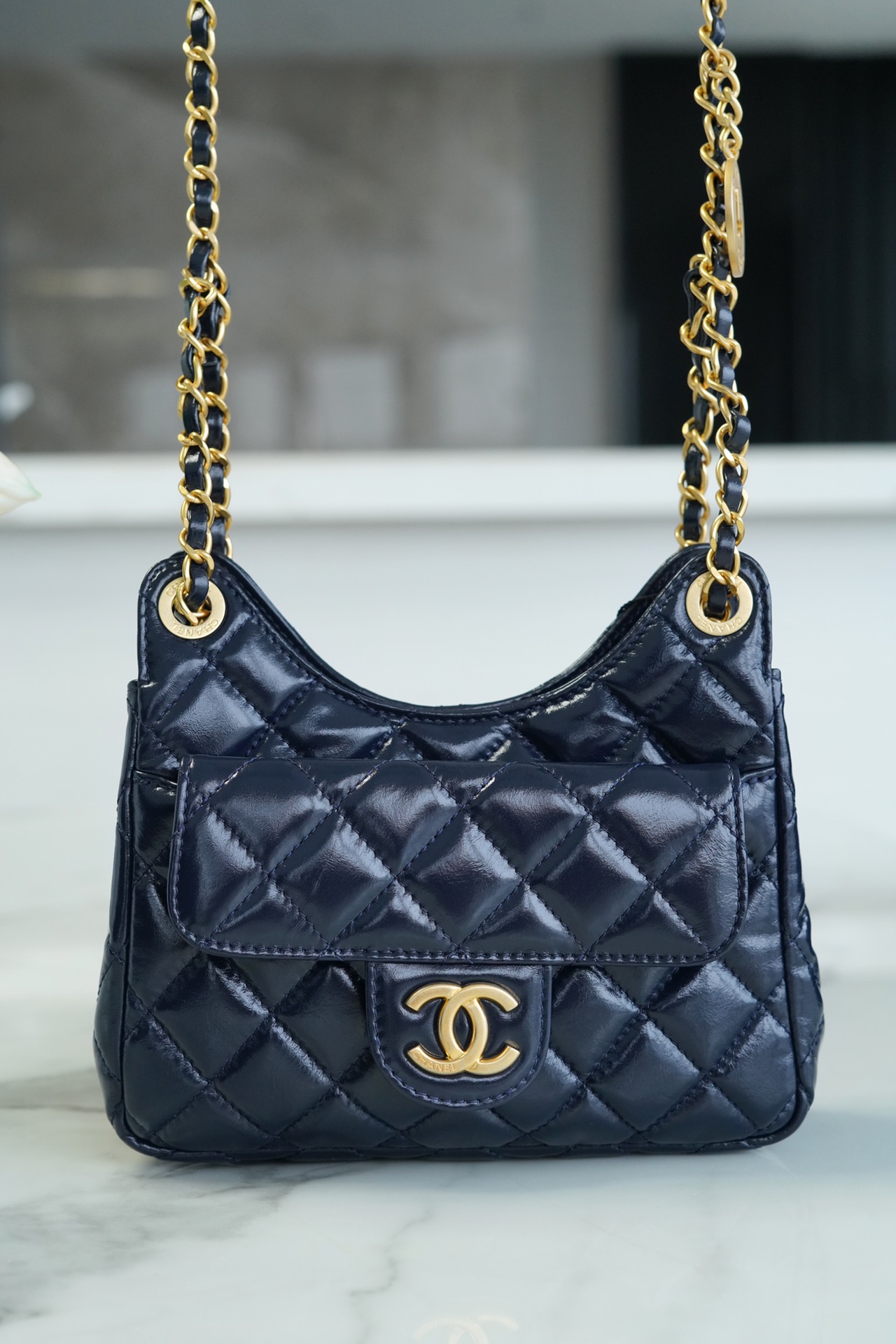 CHANEL 23C Early Spring Resort Collection Flap Bag Deep Blue Glossy Wrinkled Calfskin  