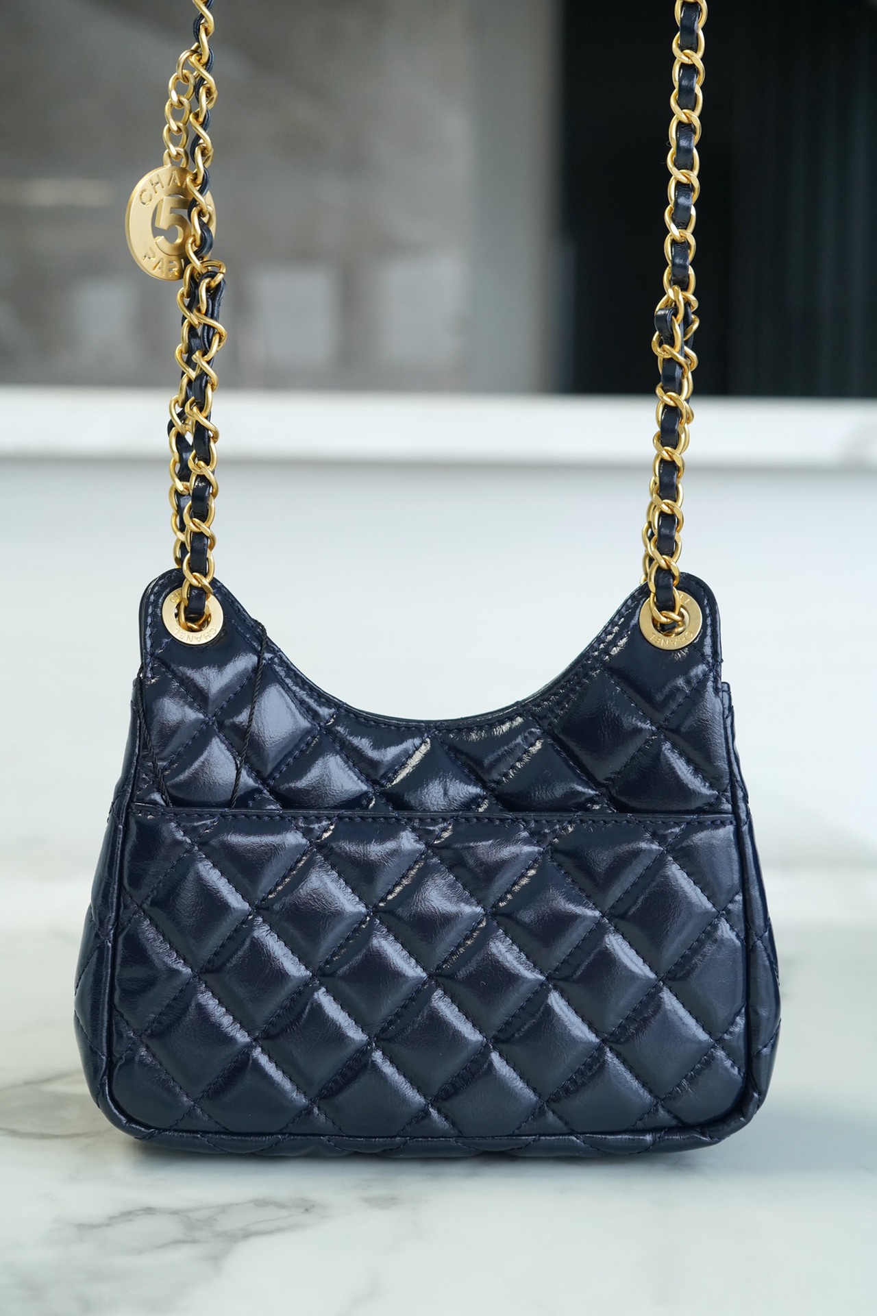 CHANEL 23C Early Spring Resort Collection Flap Bag Deep Blue Glossy Wrinkled Calfskin  