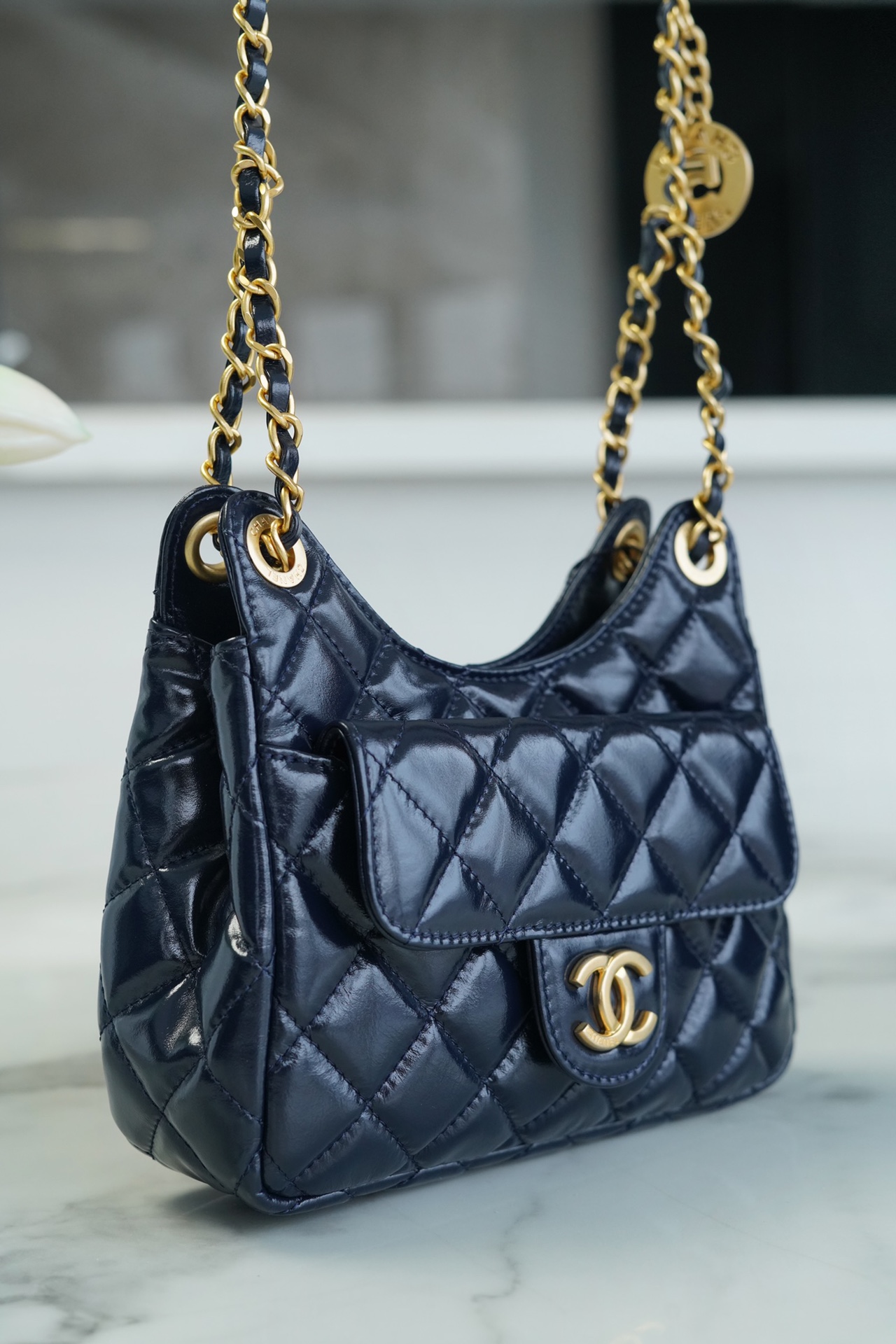 CHANEL 23C Early Spring Resort Collection Flap Bag Deep Blue Glossy Wrinkled Calfskin  