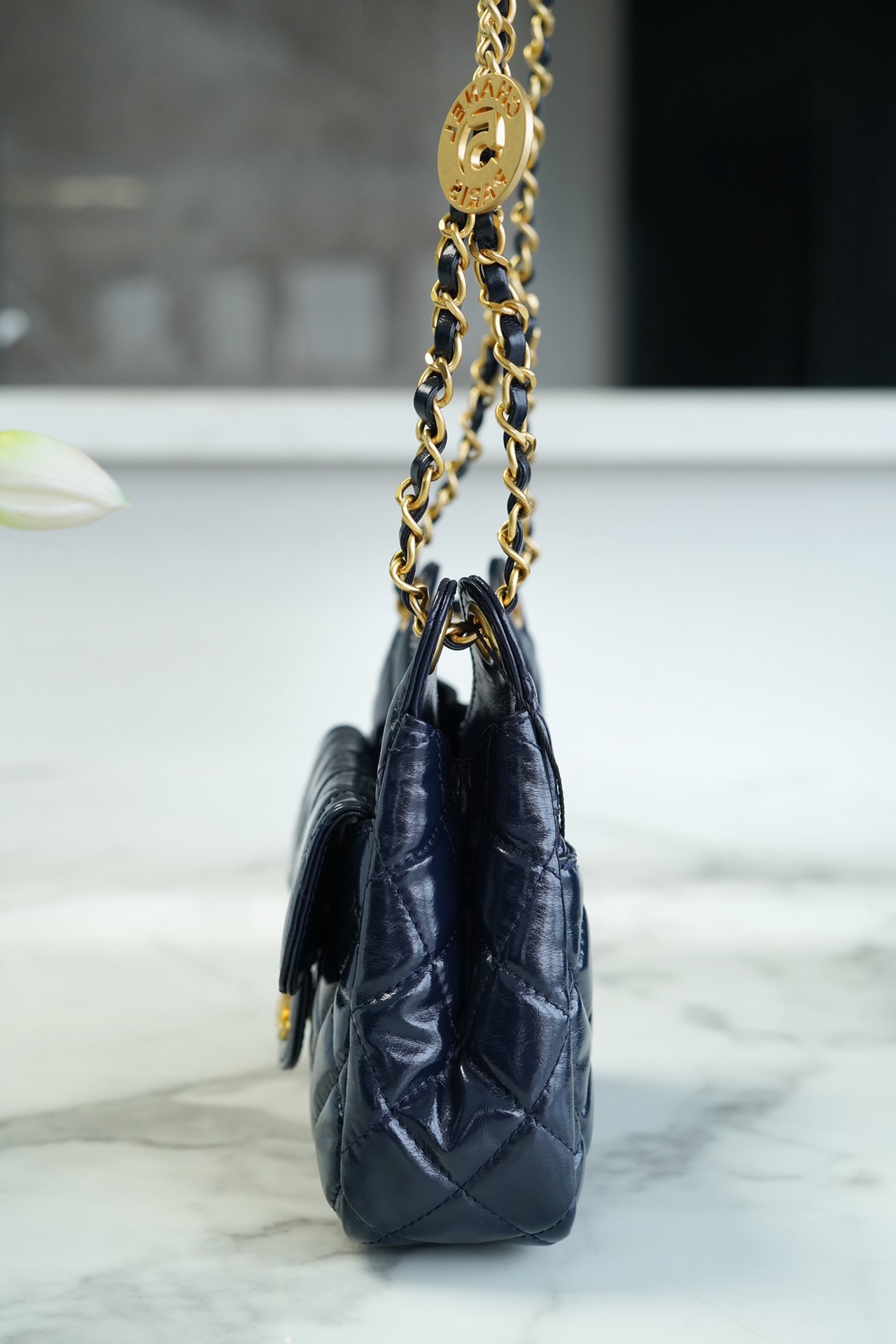 CHANEL 23C Early Spring Resort Collection Flap Bag Deep Blue Glossy Wrinkled Calfskin  