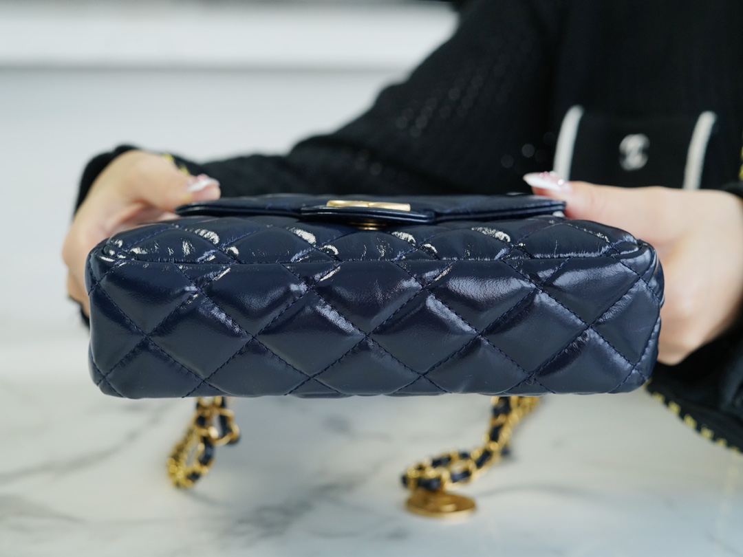 CHANEL 23C Early Spring Resort Collection Flap Bag Deep Blue Glossy Wrinkled Calfskin  