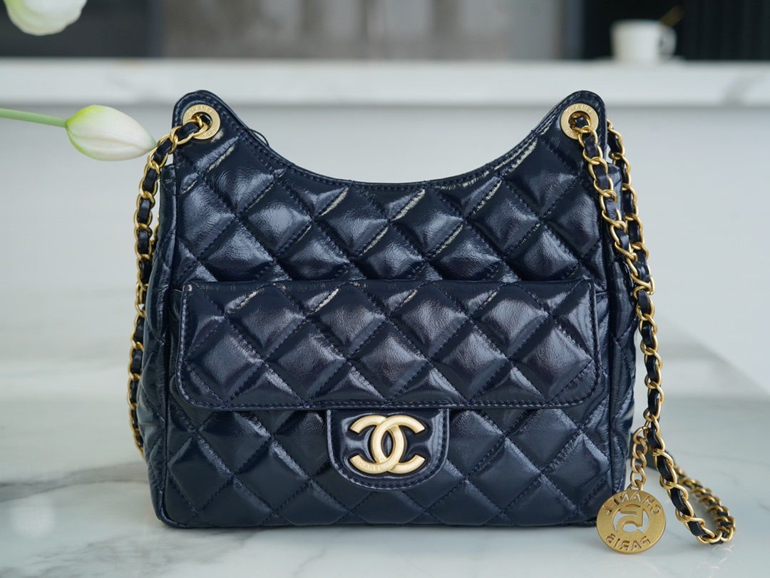 CHANEL 23C Early Spring Resort Collection Flap Bag Deep Blue Medium Glossy Wrinkled Calfskin  