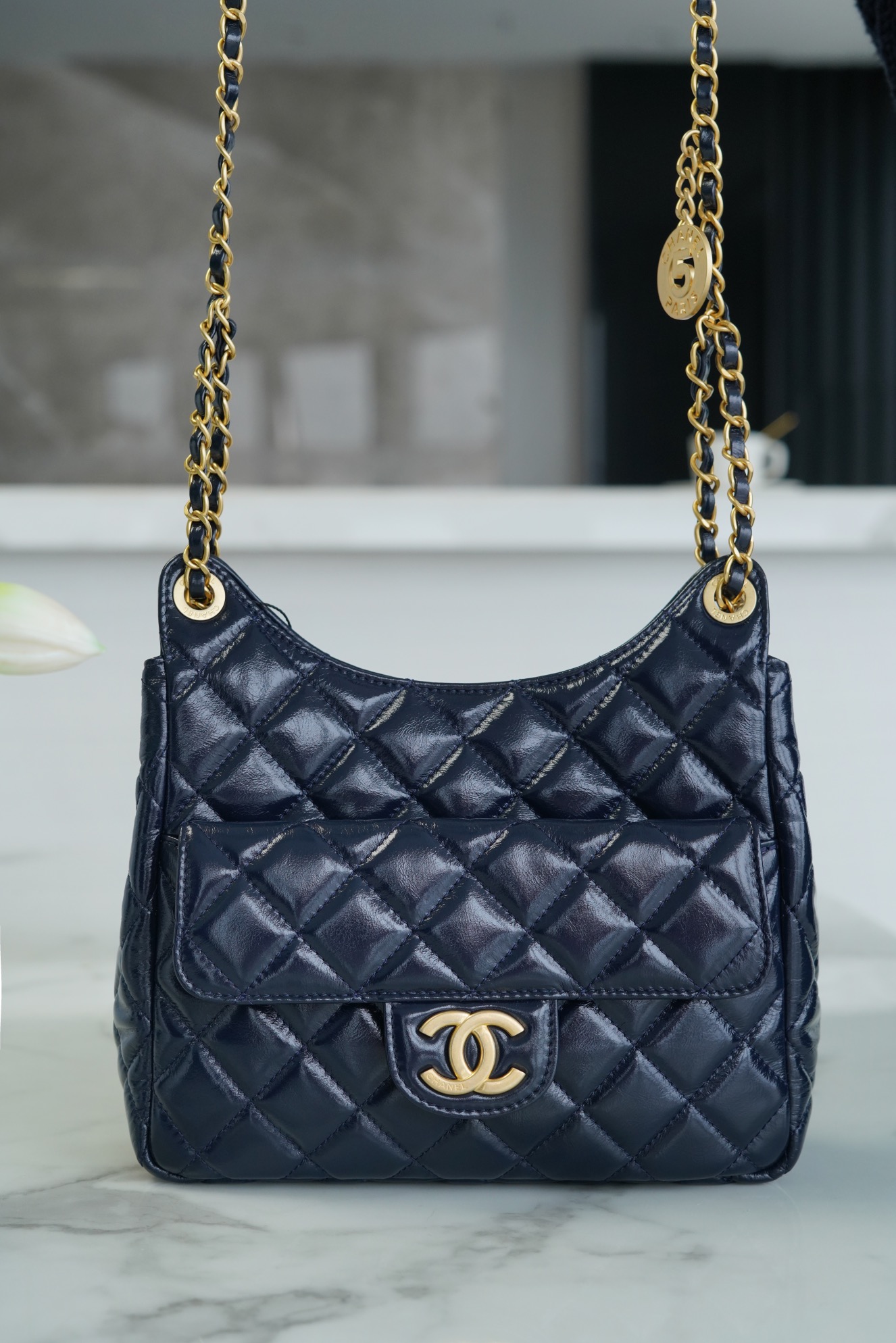 CHANEL 23C Early Spring Resort Collection Flap Bag Deep Blue Medium Glossy Wrinkled Calfskin  