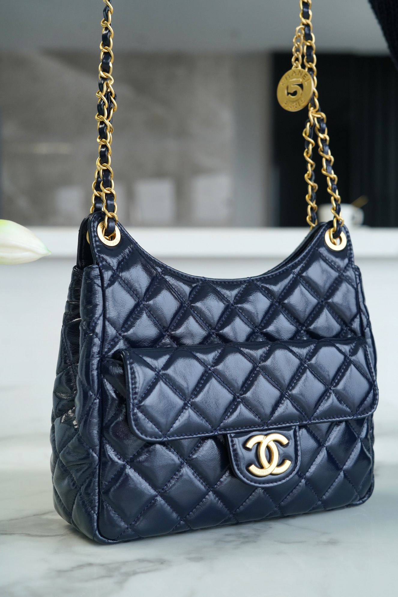 CHANEL 23C Early Spring Resort Collection Flap Bag Deep Blue Medium Glossy Wrinkled Calfskin  