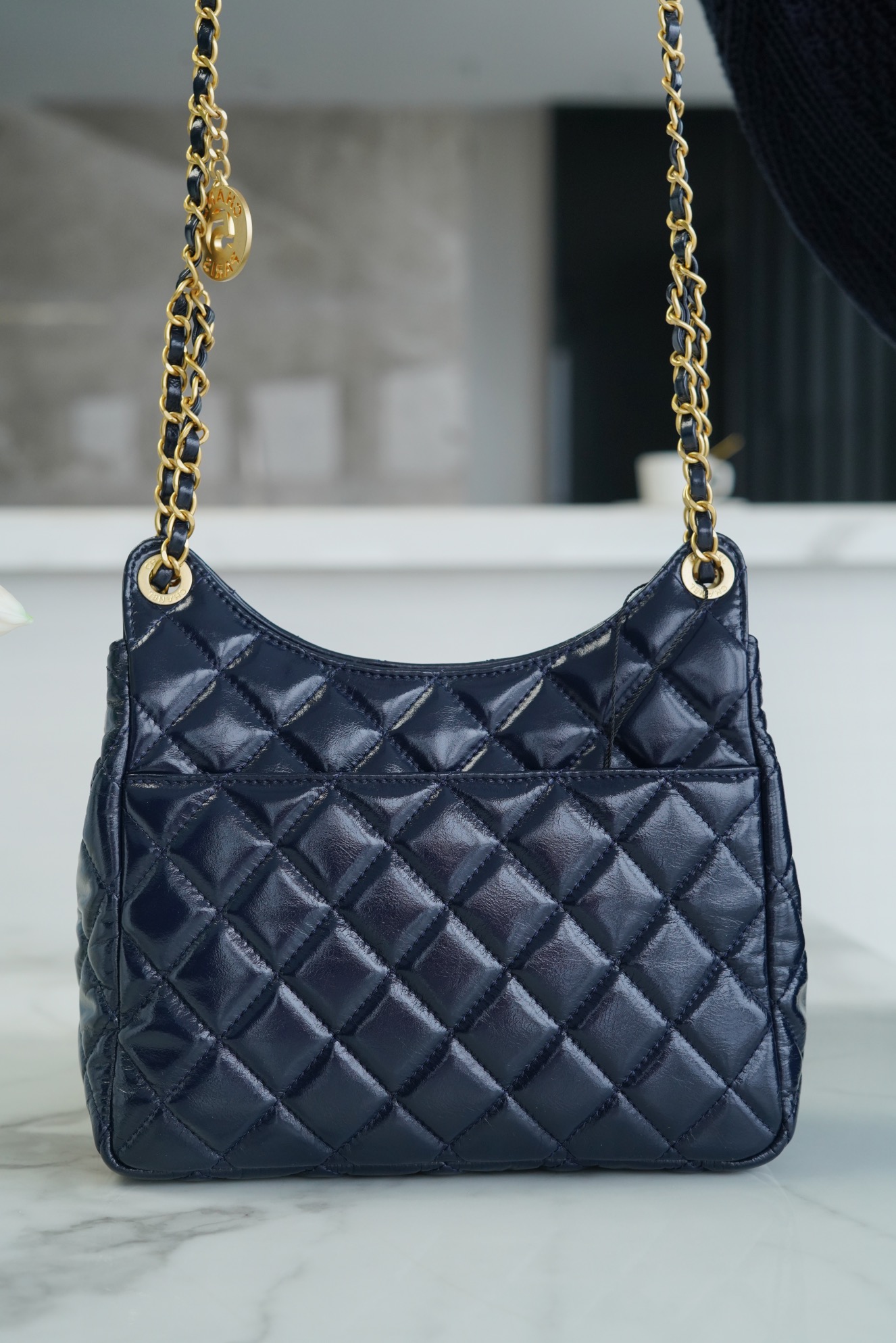 CHANEL 23C Early Spring Resort Collection Flap Bag Deep Blue Medium Glossy Wrinkled Calfskin  