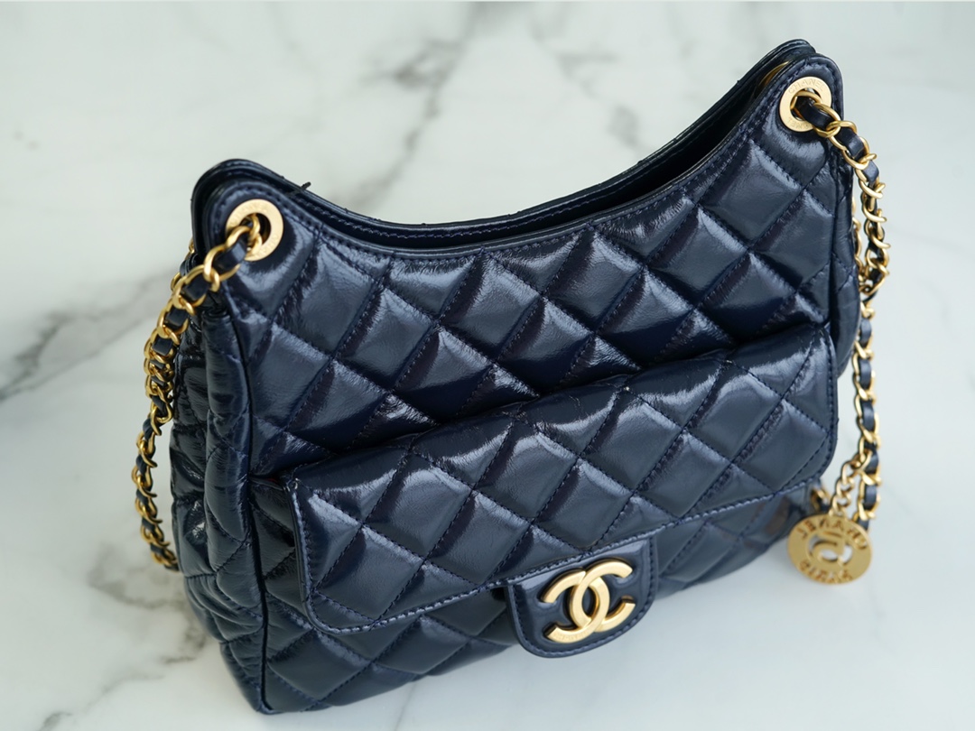 CHANEL 23C Early Spring Resort Collection Flap Bag Deep Blue Medium Glossy Wrinkled Calfskin  