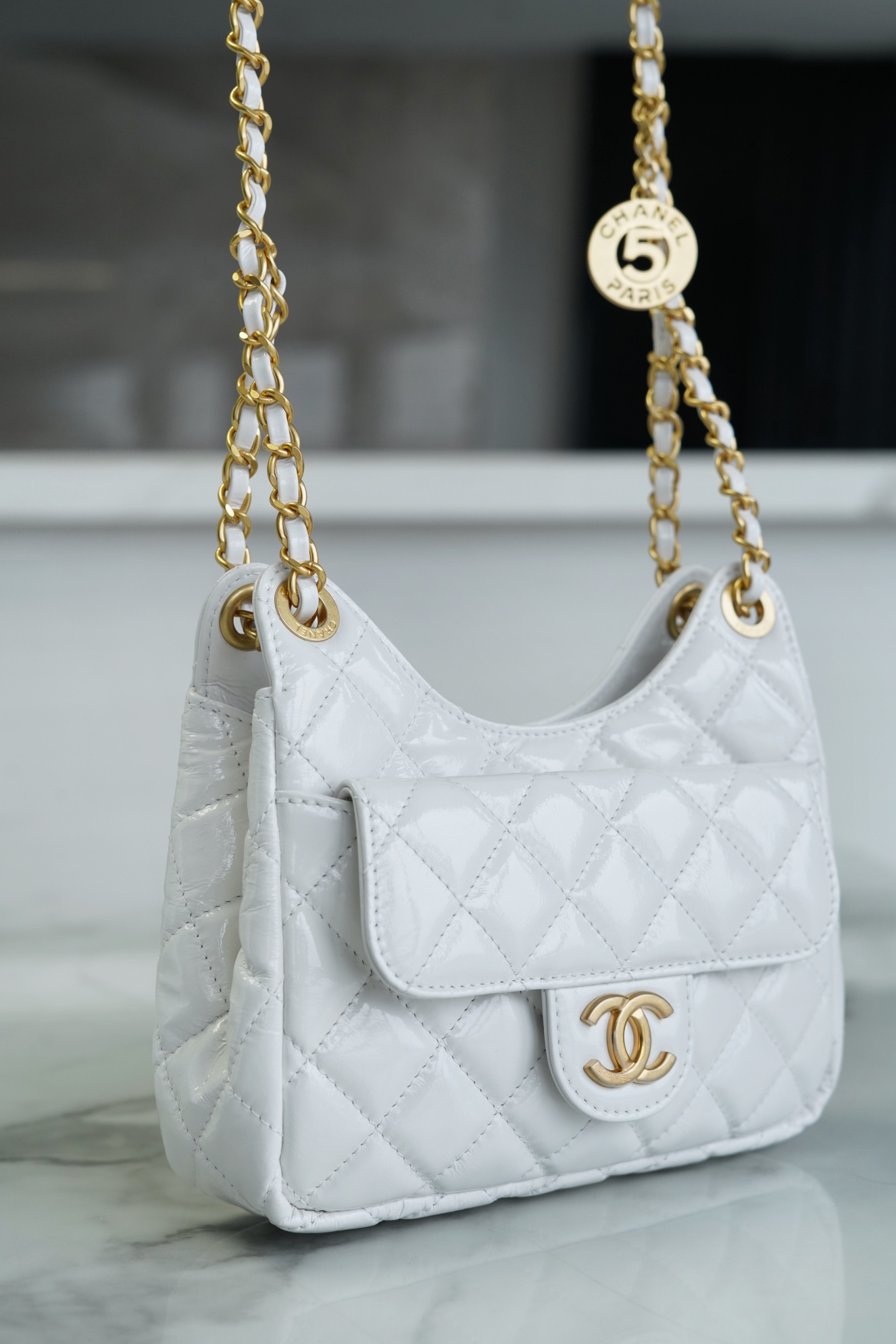 CHANEL 23C Early Spring Resort Collection Flap Bag White Small Glossy Wrinkled Calfskin  