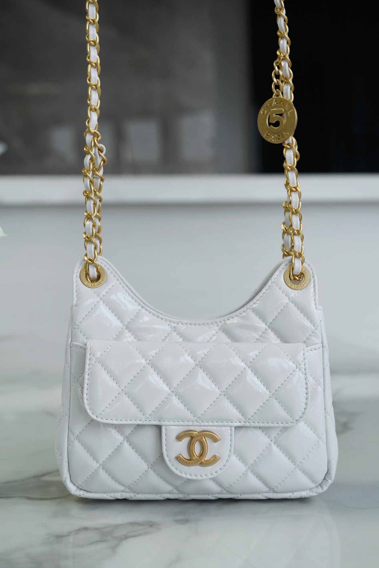 CHANEL 23C Early Spring Resort Collection Flap Bag White Small Glossy Wrinkled Calfskin  