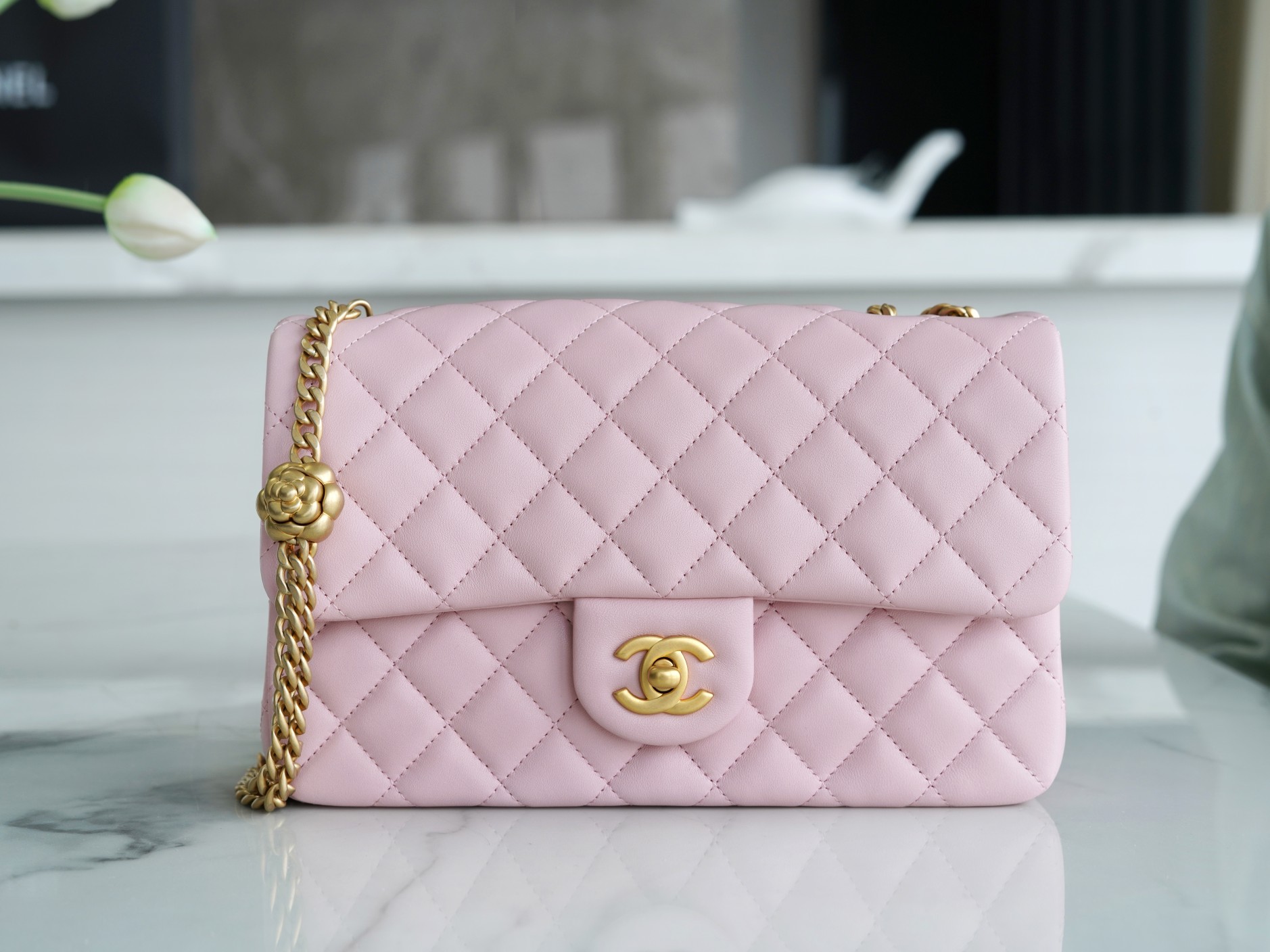 CHANEL 23S Camellia Adjustable Buckle CF Small Sakura Pink Lambskin  