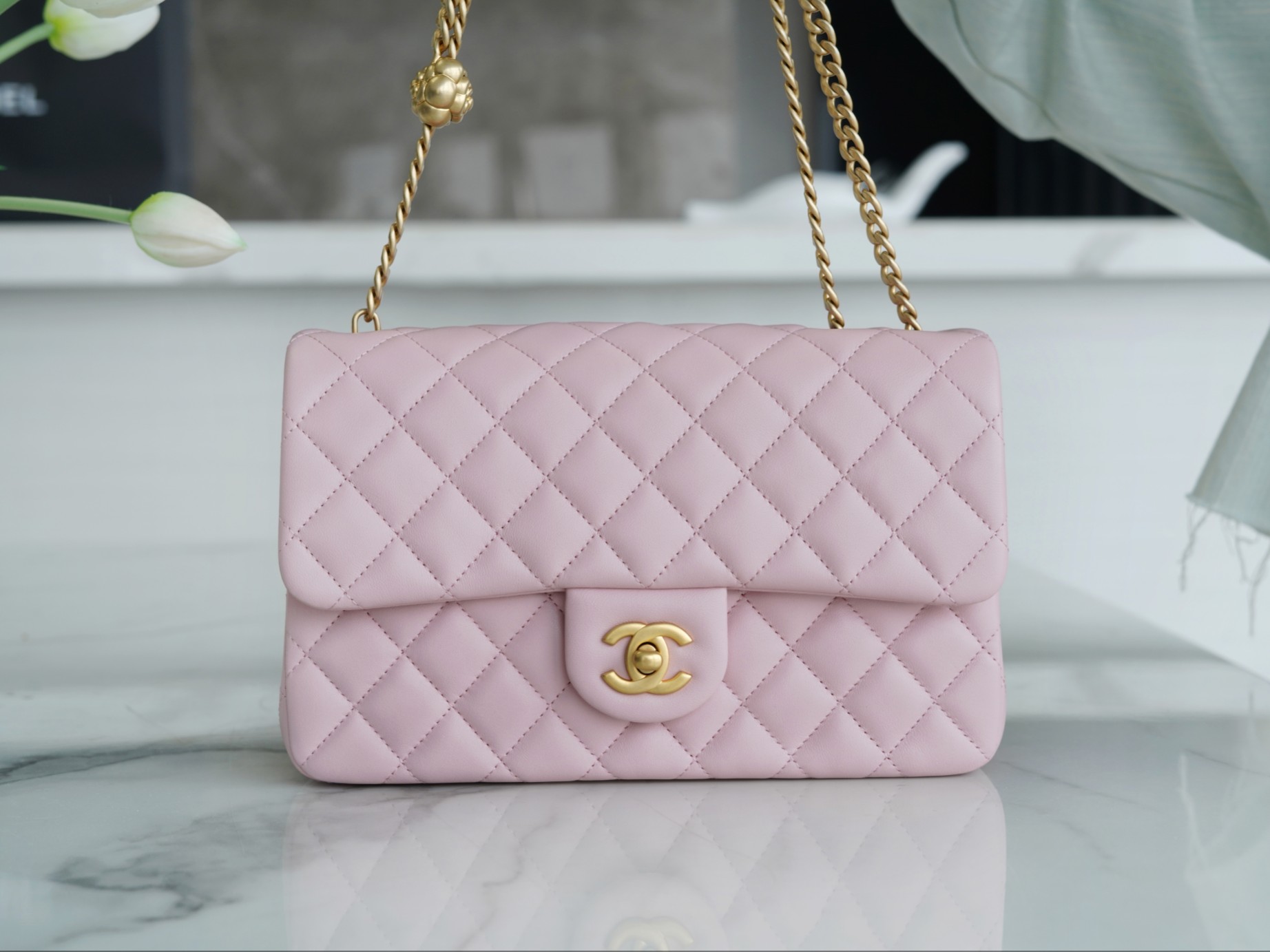 CHANEL 23S Camellia Adjustable Buckle CF Small Sakura Pink Lambskin  